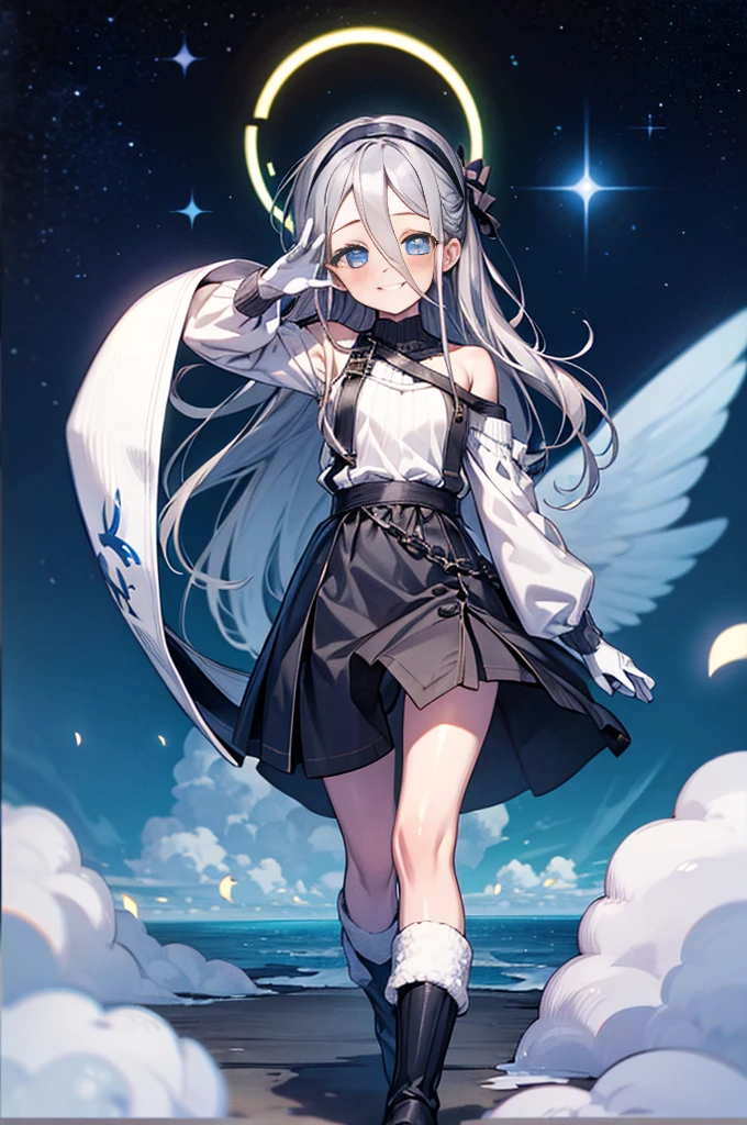 "(highest quality,High resolution:1.2), Cute Smile, Unusual Point of View, White sweater, Medium Shot, Separation Color, shoulder, Blushing, (Gray Hair), White gloves, White boots, blue iris"，star空の背景，star