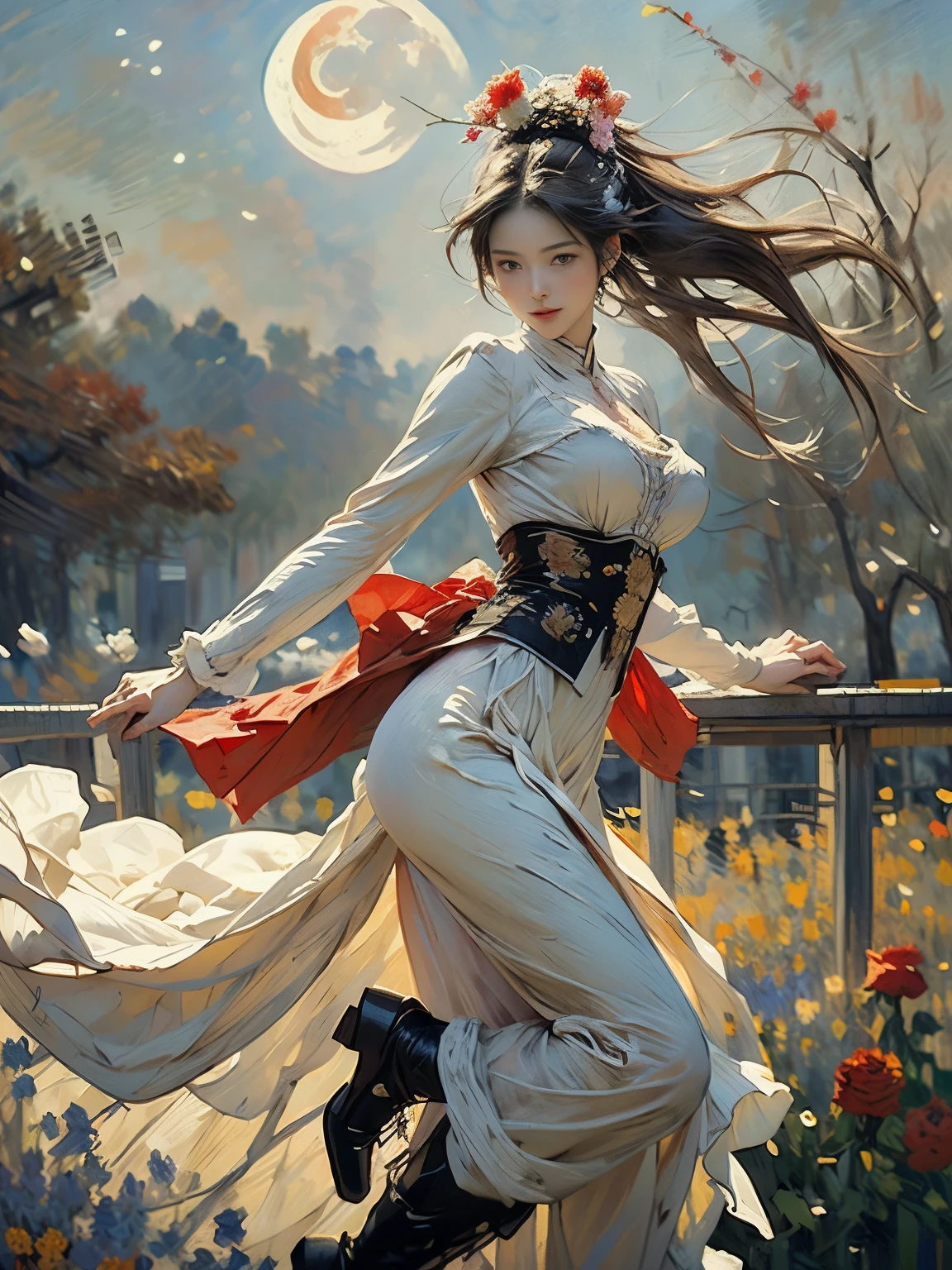(8k, highest quality, masterpiece)，{Realistic, RAW Photos, Super Fine Clear, Portraiture, (Impressionism painting style:1.6)}, Realistic Light, Detailed skin, (Beautiful woman with slim body, Age 25, holly knight:1.5), Thin legs, fine grain, Long white hair, Detailed fingers, thin, Sexual, Expressions of Ecstasy, Dynamic and sexy pose, (huge Bouncy Firm Bust:1.4), (sexy sea-throug commander's suit, long skirt, long red cape, boots:1.2),(The suit has a wide opening at the chest;1.6), Exposing the breasts, (arcadia, Flower Storm, many flowers:1.8), Wide and beautiful view, (rose garden in 15th century, Flowers, Birds, Wind and Moon:1.5),