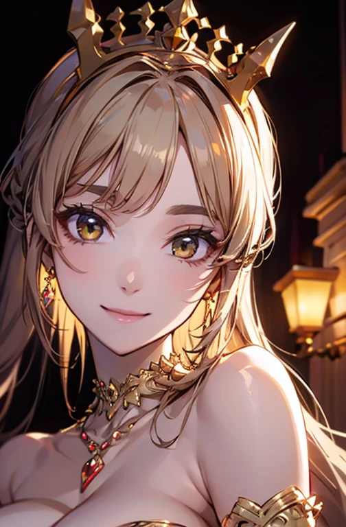 Princess , in lighting castle , detailed hand , high quality, super quality, (detailed face:1.2), beautiful woman , golden eyes, long hair , gorgeous dress, tiara, necklace , earring , sharpe eyebrow , beautiful bangs are covering her eyes , mega breast ,platinum blonde hair hair , smile