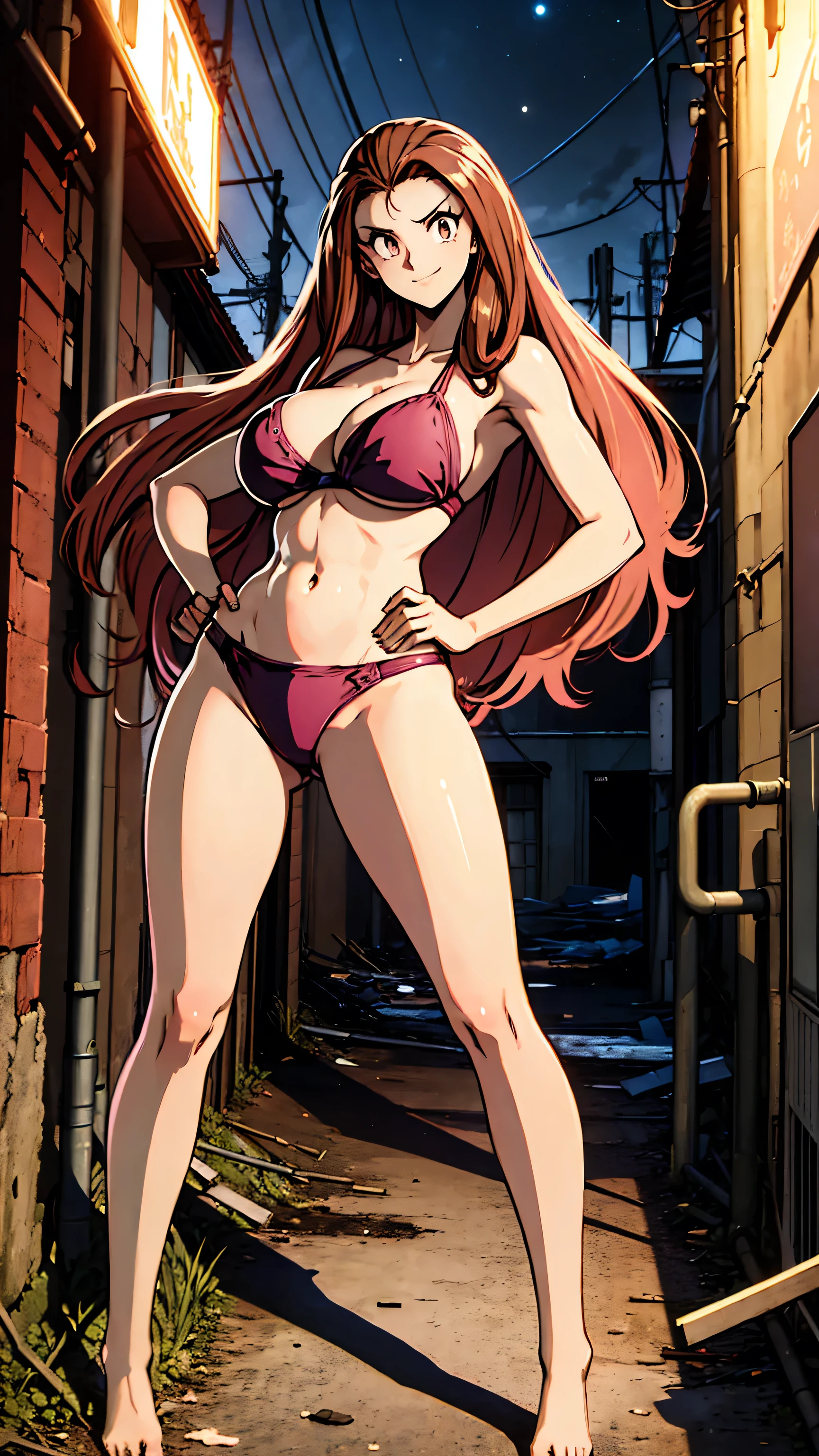 ((Masterpiece)), ((best quality)), very detailed, Detailed background, 1 woman, wavy brown hair, conjunctivitis, sly face , smile , pink bikini , abdomen, big breasts , Long legs , Put your hands on your hips.. , Barefoot , abandoned factory, at night