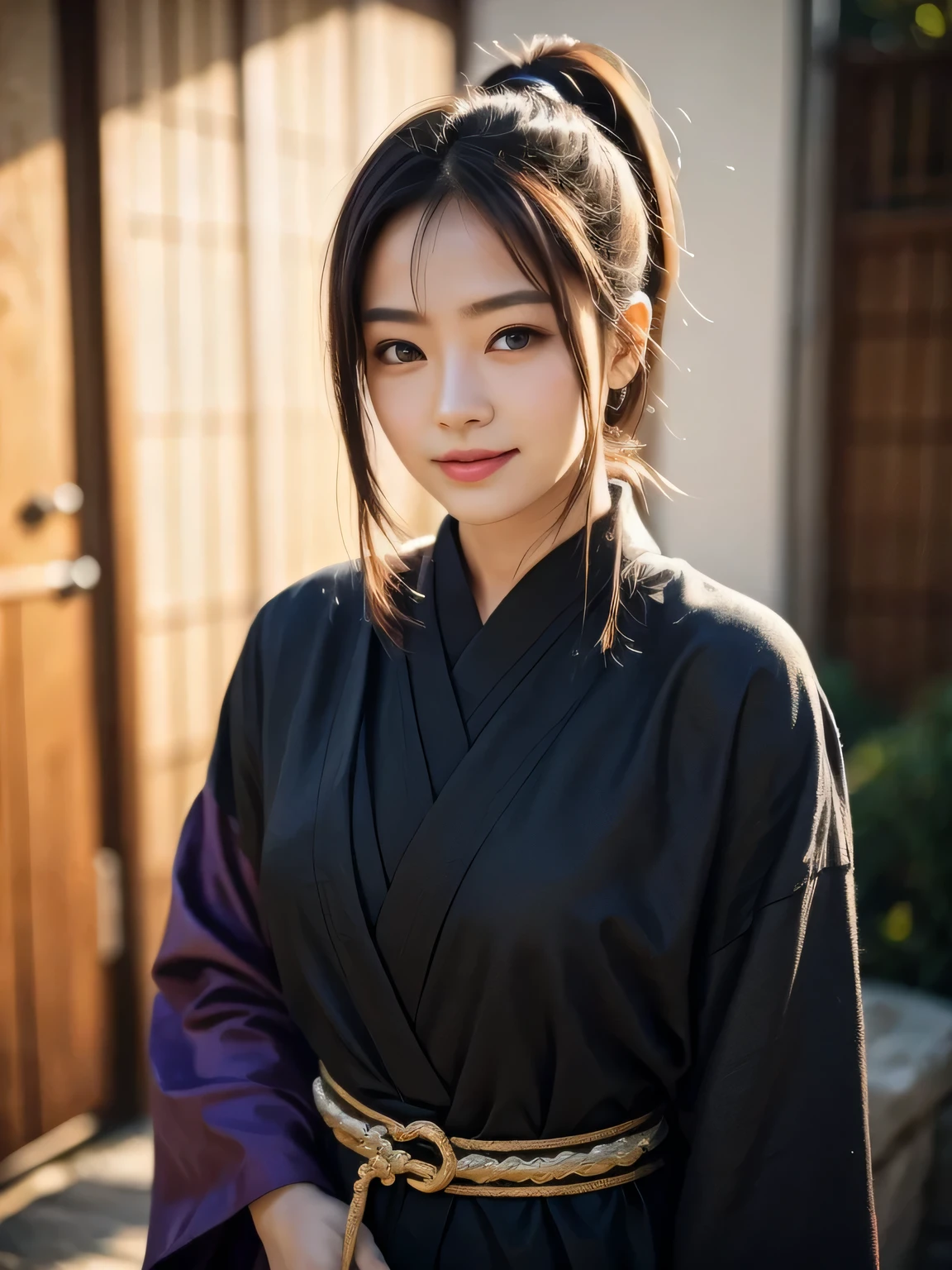 Black ninja costume, Japanese Clothing, Leaning against a wall, looking at the camera, Beautiful Japanese Women,  Smiling face, ponytail