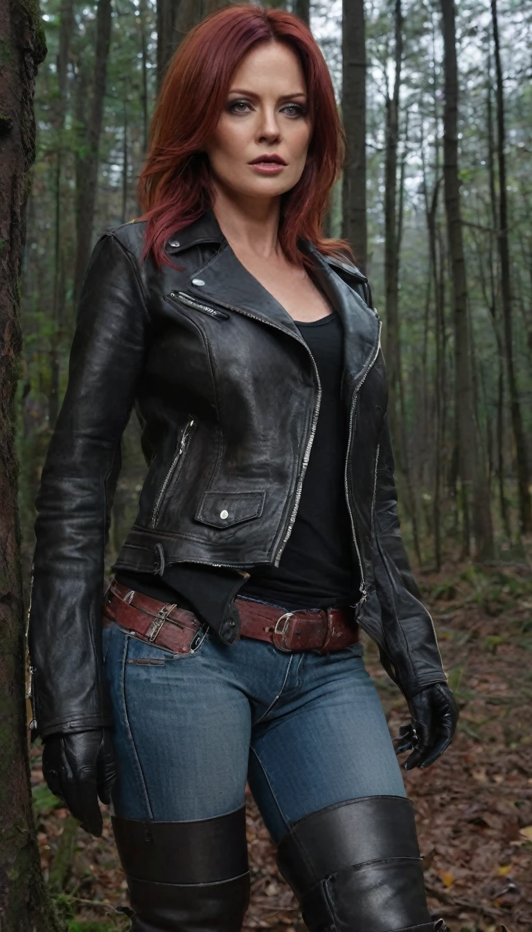 Hyper-realistic, ultra-detailed, Raw, masterpiece. dark forest. 40-years-old woman. tease with her butt, on face: fright, depraved. (leather jacket), flannel shirt, (heels), (leather tight-high-boots:1.2), (jeans), shortness of breath, Trapped in lust, defenseless, Copper-red hair, sweat, hard breath,