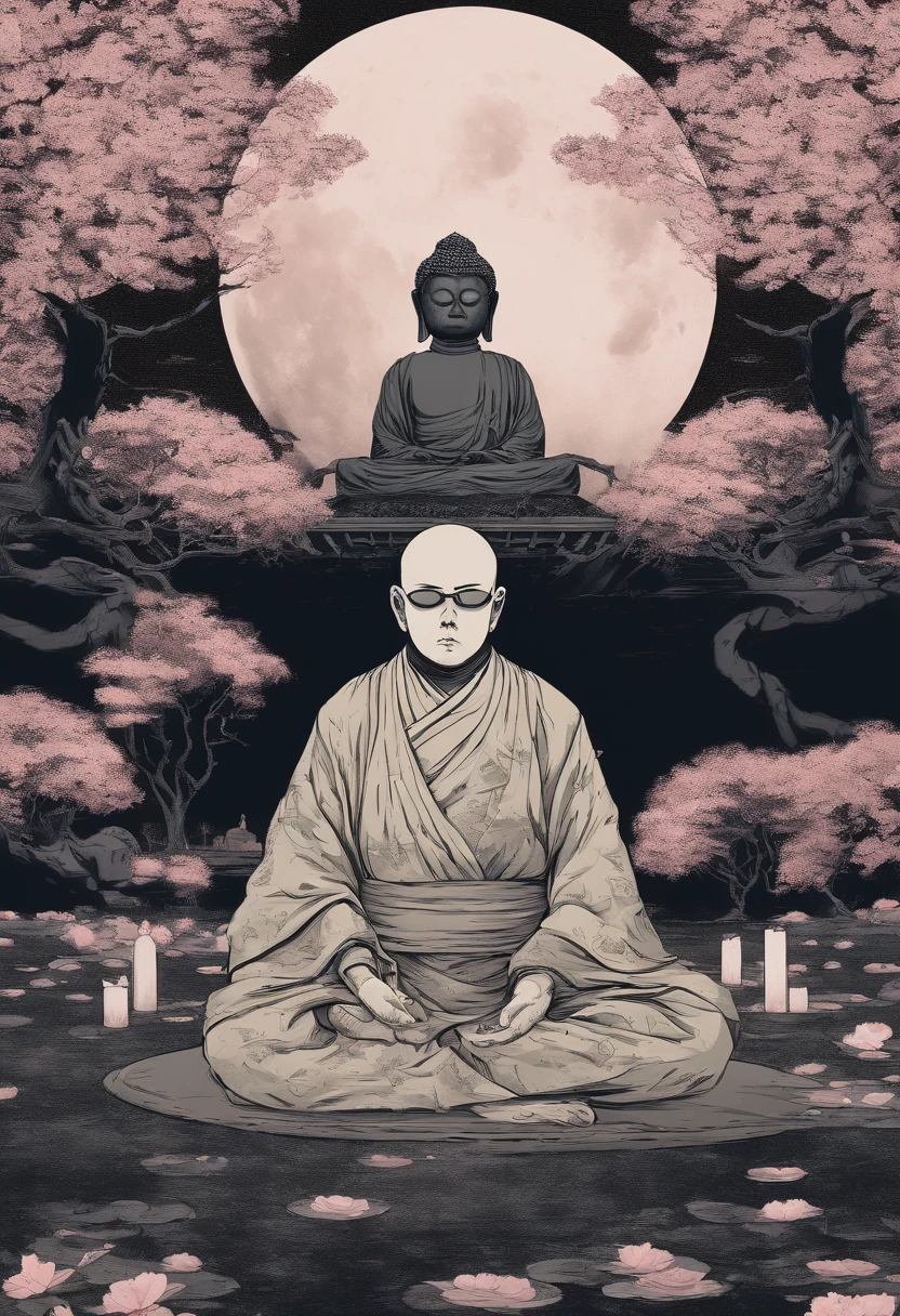 A slightly overweight fighting monk meditating, Cherry blossom garden at night, Full moon and lotus, Wearing round sunglasses、The Buddha is watching