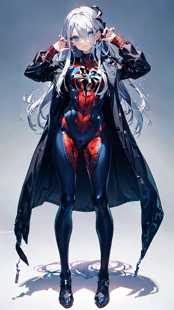 (full body),One girl,Simple Background,(8k),scratch,Detailed face,Dark blue eyes,Long Hair,Embarrassing,A small smile,expensive_resolution, expensive_meaning,Brave pose,Dark colored suit,(Symbiote Spiderman Custom:1.1),