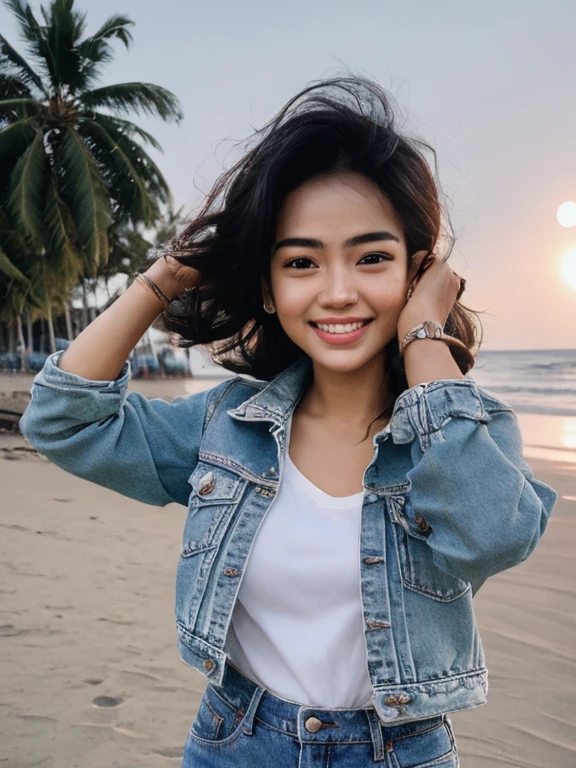 Indian tomboy, fair complexion, athletic body, (wearing jeans, denim jacket and white inner), short hair, 22-year-old, detailed hands, palms, laughing and happy, beach, moon light, night time realistic skin , ultra hd photo, girl is happy face , cinimaticc pose , full body picture, pose flawless complexion, top-notch 3D rendering, hyper-realistic, shot on beach,. photorealistic digital art trending on Artstation 8k HD high definition detailed realistic, detailed, skin texture, hyper detailed, realistic skin high resolution, detailed, raw photo, 400 camera f1.6 lens rich colors hyper realistic lifelike texture