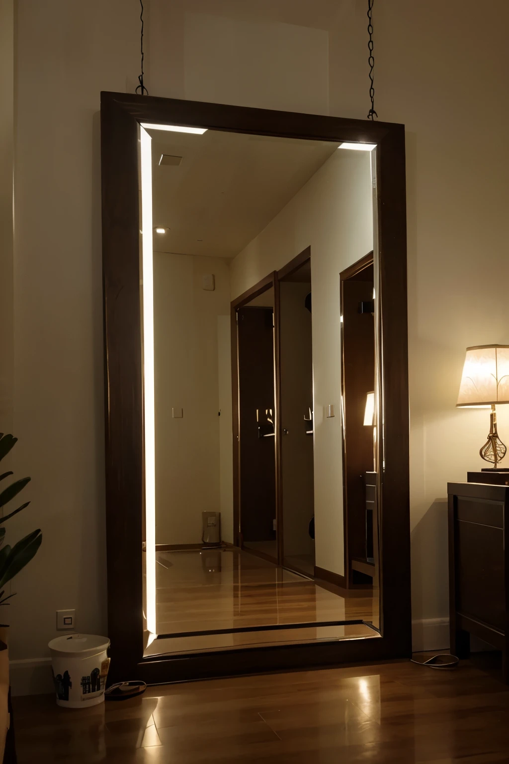 A large mirror hanging in the light-out living room of a Korean house on a dark night