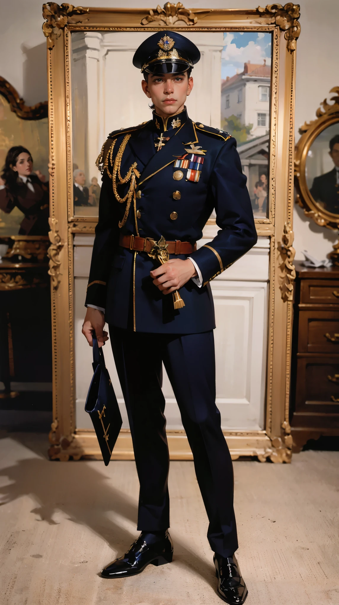 (Best quality, 4K, high resolution, masterpiece, ultra-detailed, realistic anatomy, photo-realistic:1.37), young, striking man, Aide-de-camp to the Field Marshal, (wearing a pristine military uniform), (dark gray double-breasted jacket adorned with a few commendations), (matching tailored trousers), Prussian Deaths Head cap, black polished boots, dark hair, neatly combed back, standing attentively with a clipboard in hand. This full-body portrait captures his youthful energy, dedication, and respect for his superior officer, with sharp focus on his uniform's immaculate condition, his few commendations, and his alert gaze. The image evokes an aura of ambition, discipline, and unwavering loyalty, set against the backdrop of a bustling military headquarters.