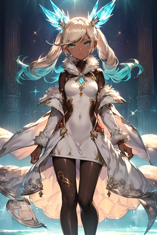 looking away, High resolution,Sharp focus,(Super detailed,Very detailed),(Very detailed CG unity 8k wallpaper),(((Vibrant colors))),
Iooiklas,Platinum Blonde Hair,Twin tails, hair ornaments, White Dress, Black knee socks, contrapposto, open arms for viewer,
Removable sleeves,Complex eyes,Beautiful fine details,Symmetrical eyes,Big eyes:1.5,Seductive eyes,
(((dark skin,dark_skin,lustrous skin:1.5,bright skin: 1.5,
skin tanned, shiny skin,very shiny skin,Shiny body,plastic glitter
skin,exaggerated shiny skin,illuminated skin))),
(,Detailed body,(Detailed face)), cute,Lewd,erotic,Bold,Camel toe revealing outfit,show skin,(((Sexy aqua fur coat, Aqua fur coat outfit,wearing a Ice Dress:1.3,aqua 冬 coat))), ((Ice Dress,elegant Ice Dress)),(White gloves,White clothes,(((Complex outfit,Complicated clothes,Embroidered costume,Glamorous costumes,Embroidered clothes,(((Glamorous clothing))),skinsuit, Bodysuits, pantyhose,howl,