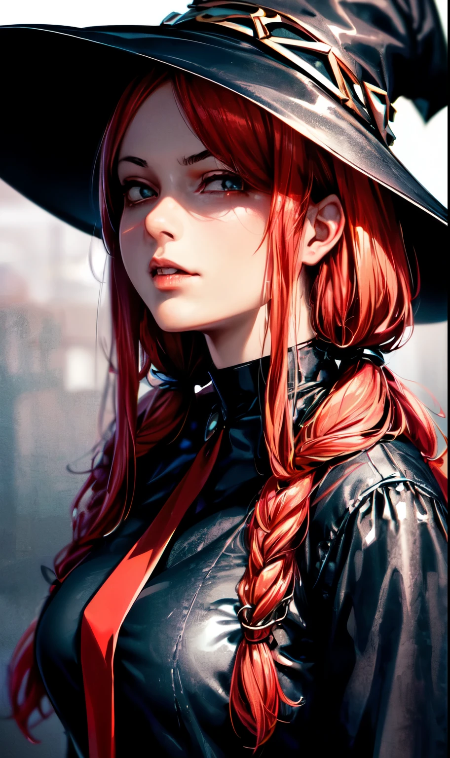 (best quality,4k,8k,highres,masterpiece:1.2),ultra-detailed,realistic,(cartoon,anime:1.1) artwork,vivid colors,attractive female witch,beautiful detailed eyes,beautiful detailed lips,red hair, plait,large witch hat,black clothes,serious expression,dark background,dramatic lighting