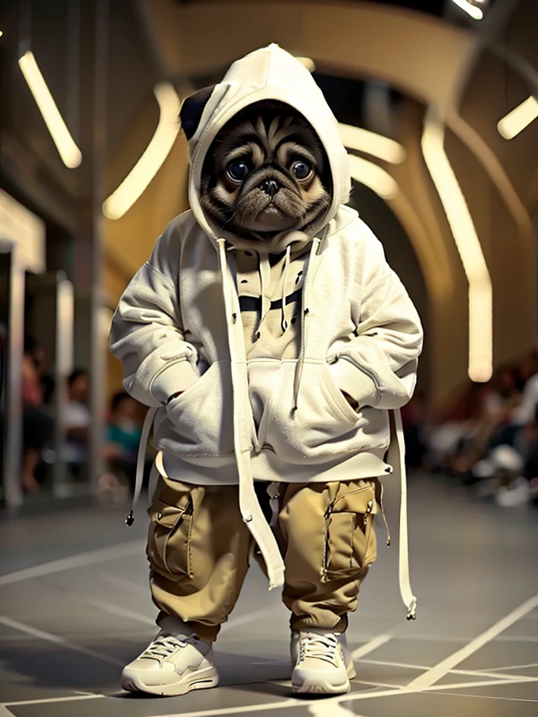 masterpiece, highest quality, Cute Pug Dog:Fawn color, Wearing casual hooded clothing, White sneakers, Cool expression, Cute digital illustration art,