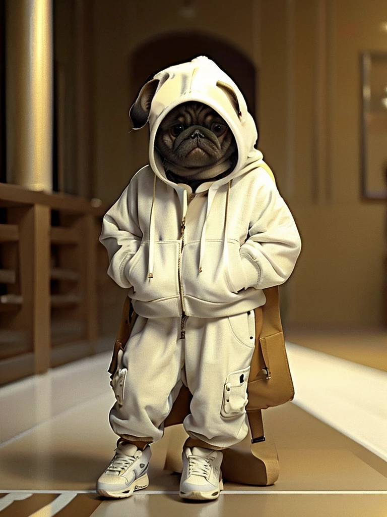 masterpiece, highest quality, Cute Pug Dog:Fawn color, Wearing casual hooded clothing, White sneakers, Cool expression, Cute digital illustration art,