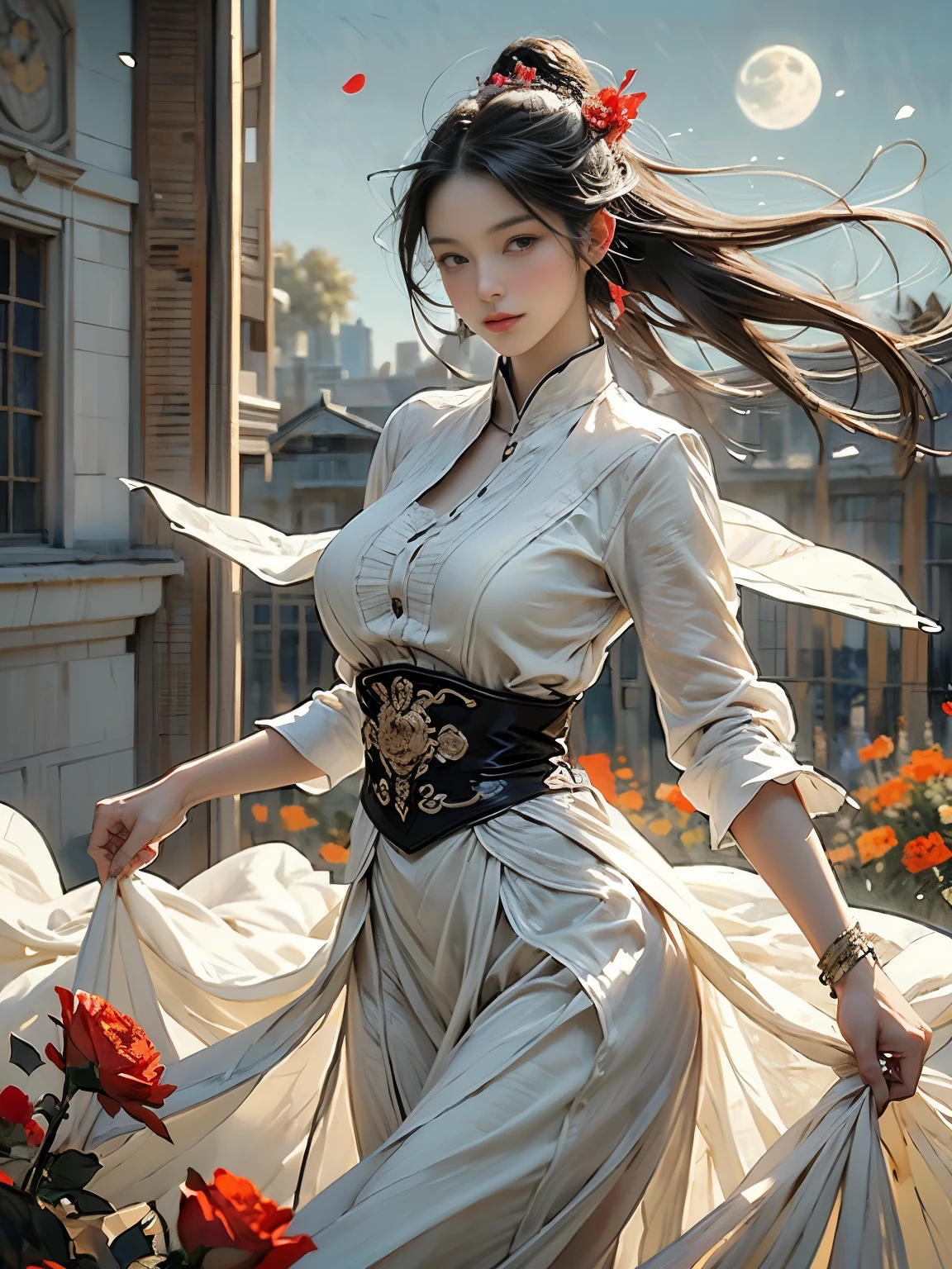 (8k, highest quality, masterpiece),{Realistic, RAW Photos, Super Fine Clear, Portraiture, (Impressionism painting style:1.6)}, Realistic Light, Detailed skin, (Beautiful woman with slim body, Age 25, holly knight:1.5), Thin legs, fine grain, Long white hair, Detailed fingers, thin, Sexual, Expressions of Ecstasy, Dynamic and sexy pose, (huge Bouncy Firm Bust:1.4), (sexy sea-throug commander's suit, long skirt, long red cape, boots:1.2),(The suit has a wide opening at the chest;1.6), Exposing the breasts, (arcadia, Flower Storm, many flowers:1.8), Wide and beautiful view, (rose garden in 15th century, Flowers, Birds, Wind and Moon:1.5),