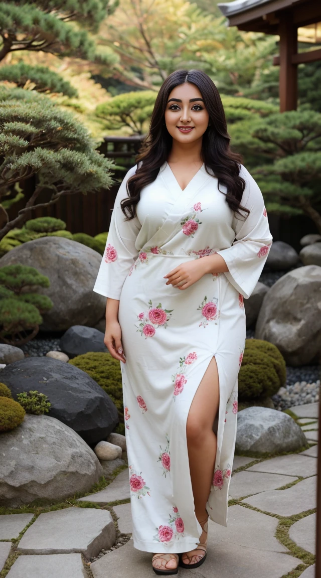 monali thakur Indian beautiful actress curvy plus size hour glass bulky figure woman, closeup camera view, wearingEMERY ROSE Plus Size Summer Casual Floral Print Notched Neck Split Hem Curved Hem Dress SKU: sz2403111197072699 GBP£11.99 GBP£13.99 -14% Including VAT Color: White, different style hairstyle, bright eyes, thin eyebrows, fair skin, blushing cheeks, prefect head to toe view, full body view, Zen Garden: A serene Japanese garden with zen elements, rocks, and peaceful atmosphere. smile face, black hair, Indian face, perfect skin tone light, ultra realistic skin texture