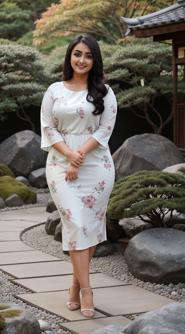 monali thakur Indian beautiful actress curvy plus size hour glass bulky figure woman, closeup camera view, wearingEMERY ROSE Plus Size Summer Casual Floral Print Notched Neck Split Hem Curved Hem Dress SKU: sz2403111197072699 GBP£11.99 GBP£13.99 -14% Including VAT Color: White, different style hairstyle, bright eyes, thin eyebrows, fair skin, blushing cheeks, prefect head to toe view, full body view, Zen Garden: A serene Japanese garden with zen elements, rocks, and peaceful atmosphere. smile face, black hair, Indian face, perfect skin tone light, ultra realistic skin texture