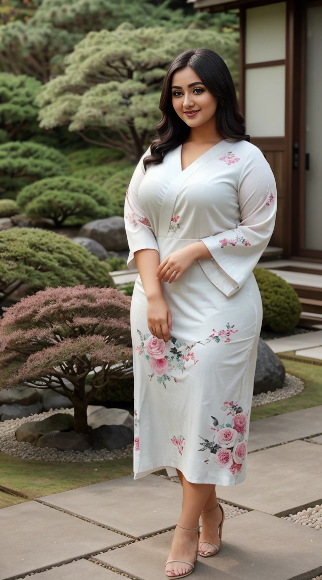 monali thakur Indian beautiful actress curvy plus size hour glass bulky figure woman, closeup camera view, wearingEMERY ROSE Plus Size Summer Casual Floral Print Notched Neck Split Hem Curved Hem Dress SKU: sz2403111197072699 GBP£11.99 GBP£13.99 -14% Including VAT Color: White, different style hairstyle, bright eyes, thin eyebrows, fair skin, blushing cheeks, prefect head to toe view, full body view, Zen Garden: A serene Japanese garden with zen elements, rocks, and peaceful atmosphere. smile face, black hair, Indian face, perfect skin tone light, ultra realistic skin texture