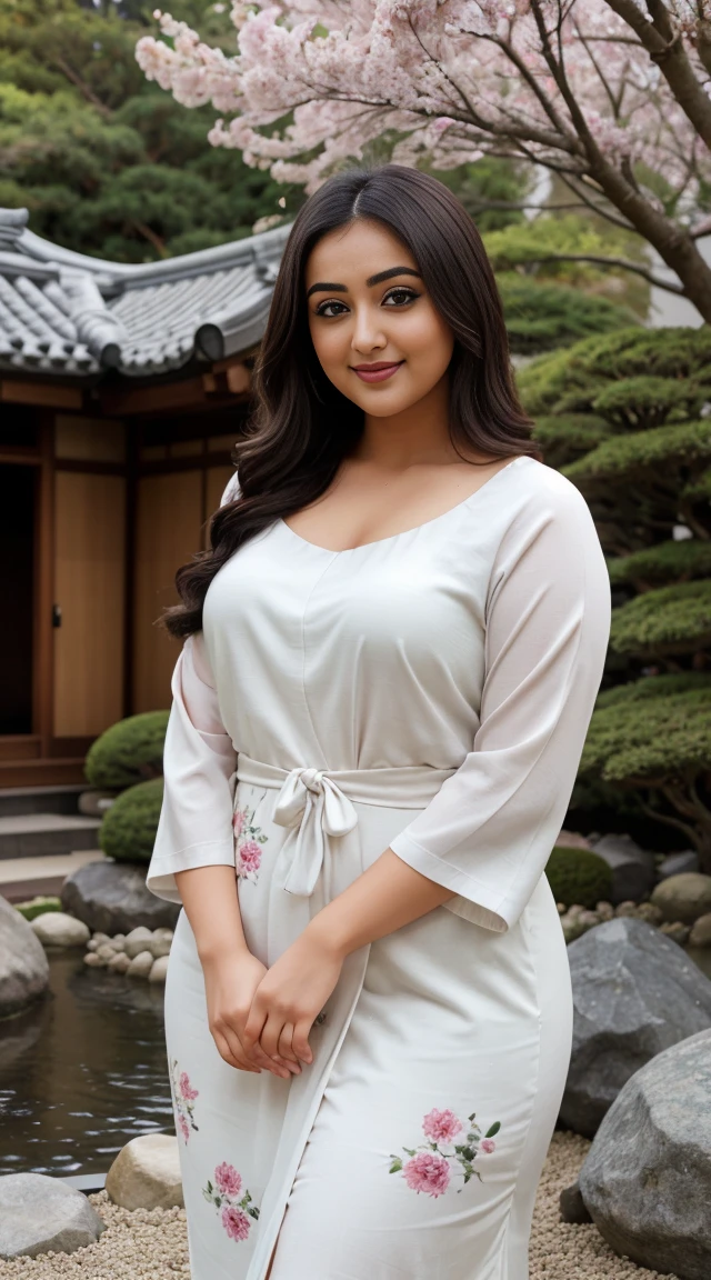 monali thakur Indian beautiful actress curvy plus size hour glass bulky figure woman, closeup camera view, wearingEMERY ROSE Plus Size Summer Casual Floral Print Notched Neck Split Hem Curved Hem Dress SKU: sz2403111197072699 GBP£11.99 GBP£13.99 -14% Including VAT Color: White, different style hairstyle, bright eyes, thin eyebrows, fair skin, blushing cheeks, prefect head to toe view, full body view, Zen Garden: A serene Japanese garden with zen elements, rocks, and peaceful atmosphere. smile face, black hair, Indian face, perfect skin tone light, ultra realistic skin texture