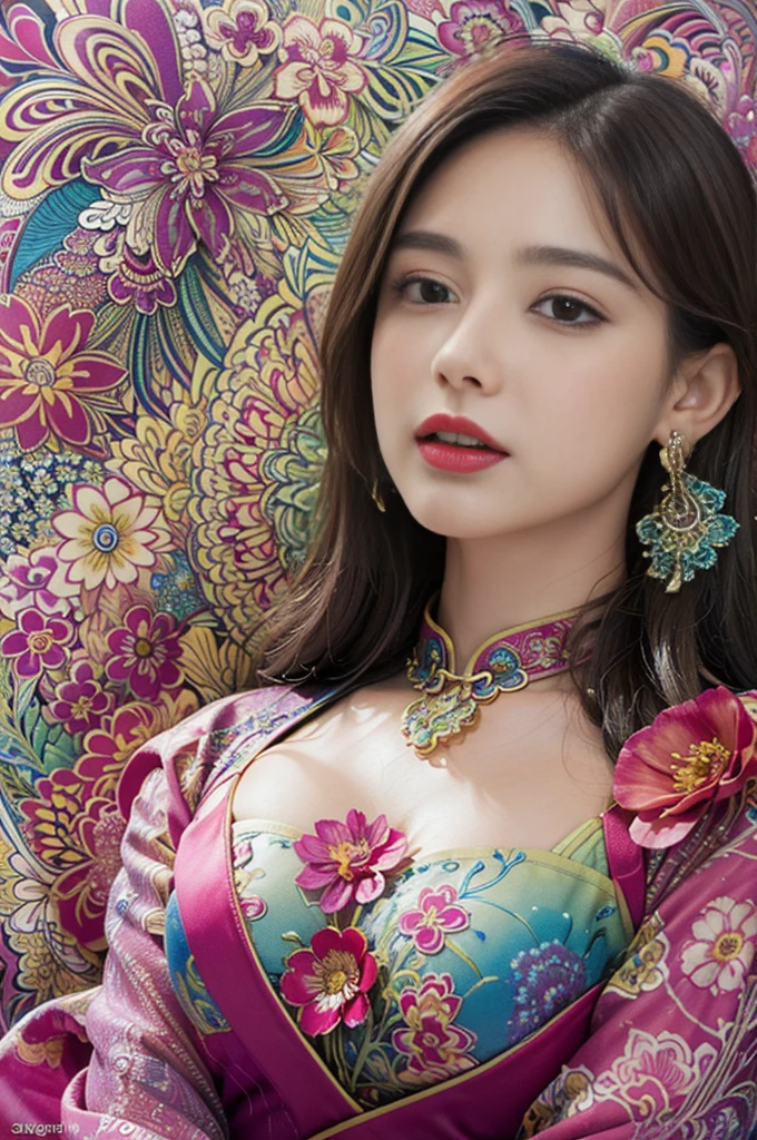 (masterpiece, top quality, best quality, official art, Beautiful and beautiful:1.2), (1 Girl:1.3), Extremely detailed,(Fractal Art:1.1),(rich and colorful:1.1)(Flowers:1.3),The most detailed,(Zentangle:1.2), (Dynamic poses), (Abstract Background:1.3), (cheongsam:1.2), (Glowing skin), (Many colors:1.4), ,(earrings:1.4),