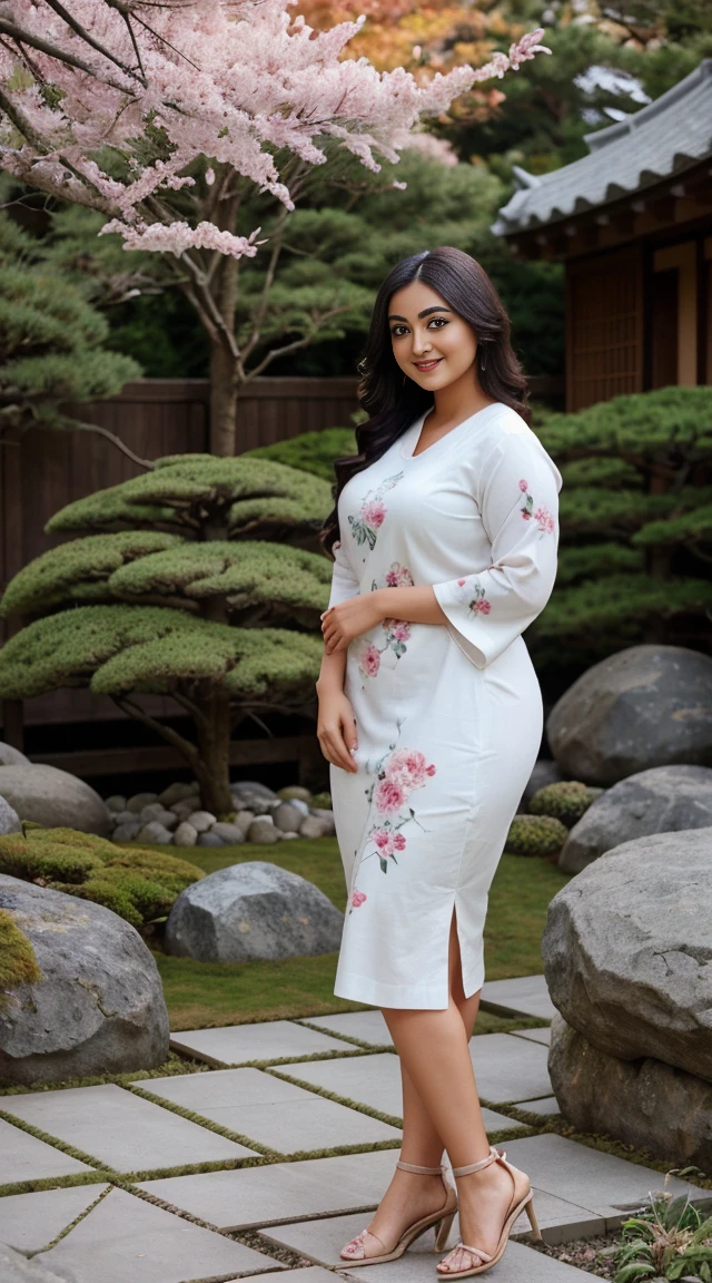 monali thakur Indian beautiful actress curvy plus size hour glass bulky figure woman, closeup camera view, wearingEMERY ROSE Plus Size Summer Casual Floral Print Notched Neck Split Hem Curved Hem Dress SKU: sz2403111197072699 GBP£11.99 GBP£13.99 -14% Including VAT Color: White, different style hairstyle, bright eyes, thin eyebrows, fair skin, blushing cheeks, prefect head to toe view, full body view, Zen Garden: A serene Japanese garden with zen elements, rocks, and peaceful atmosphere. smile face, black hair, Indian face, perfect skin tone light, ultra realistic skin texture