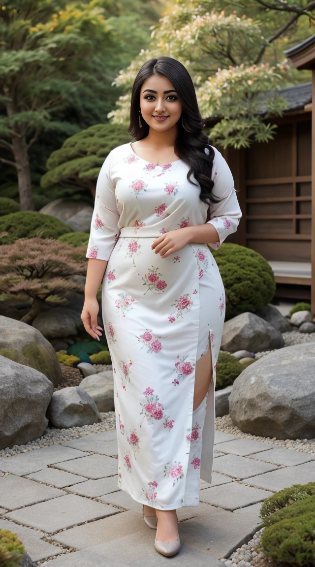 monali thakur Indian beautiful actress curvy plus size hour glass bulky figure woman, closeup camera view, wearingEMERY ROSE Plus Size Summer Casual Floral Print Notched Neck Split Hem Curved Hem Dress SKU: sz2403111197072699 GBP£11.99 GBP£13.99 -14% Including VAT Color: White, different style hairstyle, bright eyes, thin eyebrows, fair skin, blushing cheeks, prefect head to toe view, full body view, Zen Garden: A serene Japanese garden with zen elements, rocks, and peaceful atmosphere. smile face, black hair, Indian face, perfect skin tone light, ultra realistic skin texture