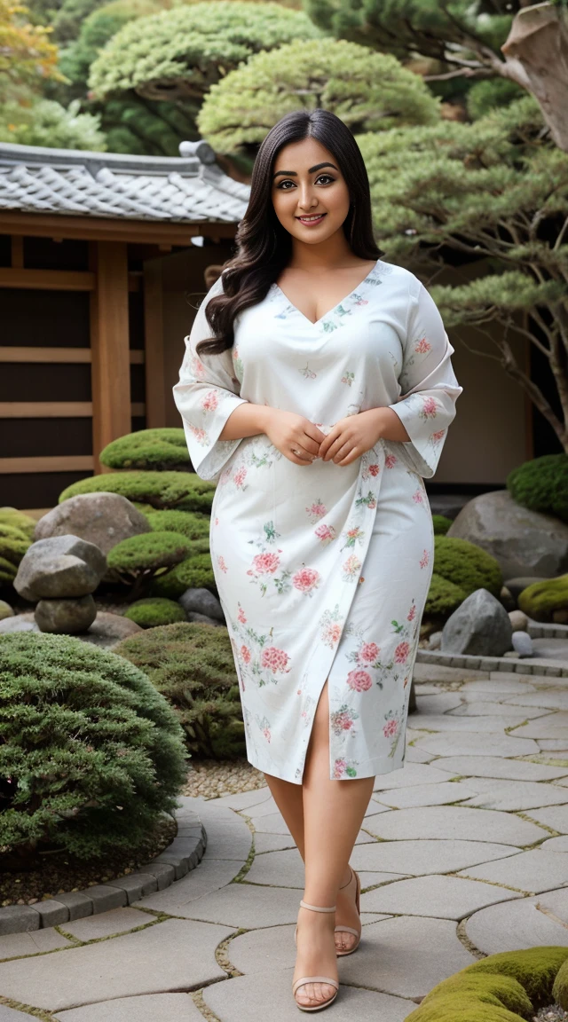 monali thakur Indian beautiful actress curvy plus size hour glass bulky figure woman, closeup camera view, wearingEMERY ROSE Plus Size Summer Casual Floral Print Notched Neck Split Hem Curved Hem Dress SKU: sz2403111197072699 GBP£11.99 GBP£13.99 -14% Including VAT Color: White, different style hairstyle, bright eyes, thin eyebrows, fair skin, blushing cheeks, prefect head to toe view, full body view, Zen Garden: A serene Japanese garden with zen elements, rocks, and peaceful atmosphere. smile face, black hair, Indian face, perfect skin tone light, ultra realistic skin texture
