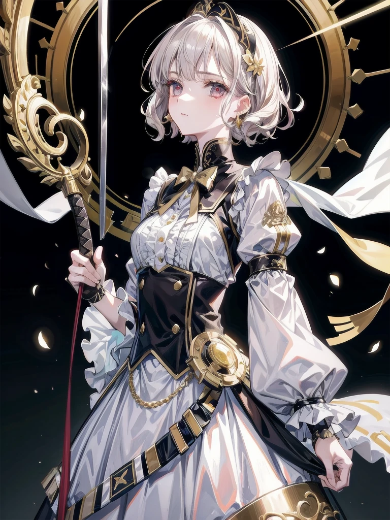 Military Dress, ta Dress, golden accessories, Blind Mask, Grand Katana Sword, absurdres, RAW photo, extremely delicate and beautiful, masterpiece, Best Quality, ultra high resolution, 32k, hyperrealistic, ultra-detailed, detailed description, pale skin, 20 years old, tearful mole, earring, short medium hair, wavy hair, full body shot,