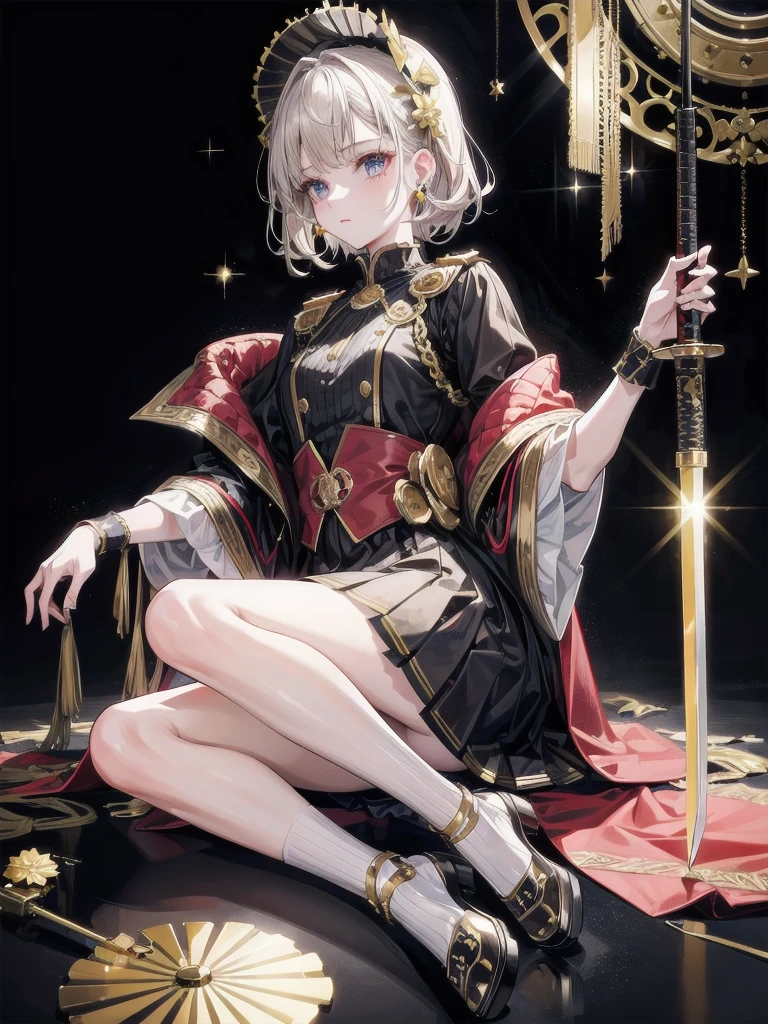 Military Dress, Lolita Dress, golden accessories, Blind Mask, Grand Katana Sword, absurdres, RAW photo, extremely delicate and beautiful, masterpiece, Best Quality, ultra high resolution, 32k, hyperrealistic, ultra-detailed, detailed description, pale skin, 20 years old, tearful mole, earring, short medium hair, wavy hair, full body shot,
