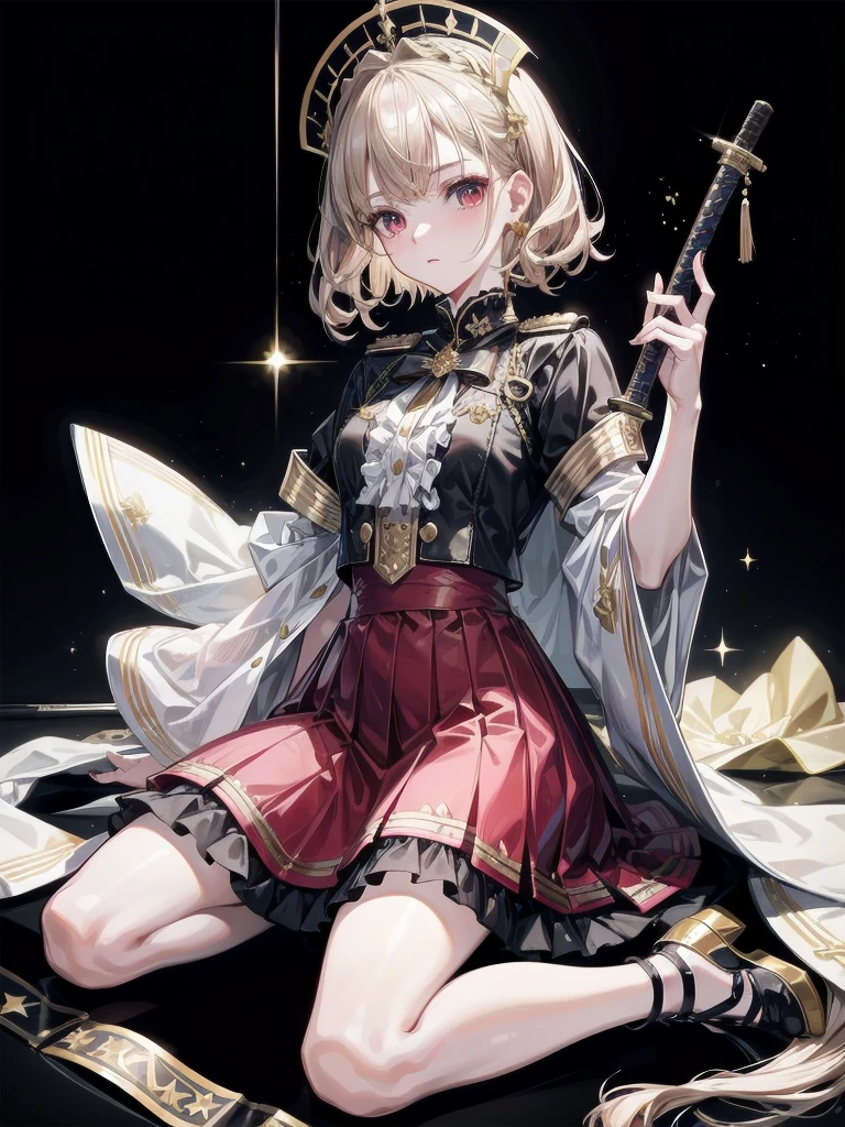 Military Dress, Lolita Dress, golden accessories, Blind Mask, Grand Katana Sword, absurdres, RAW photo, extremely delicate and beautiful, masterpiece, Best Quality, ultra high resolution, 32k, hyperrealistic, ultra-detailed, detailed description, pale skin, 20 years old, tearful mole, earring, short medium hair, wavy hair, full body shot,