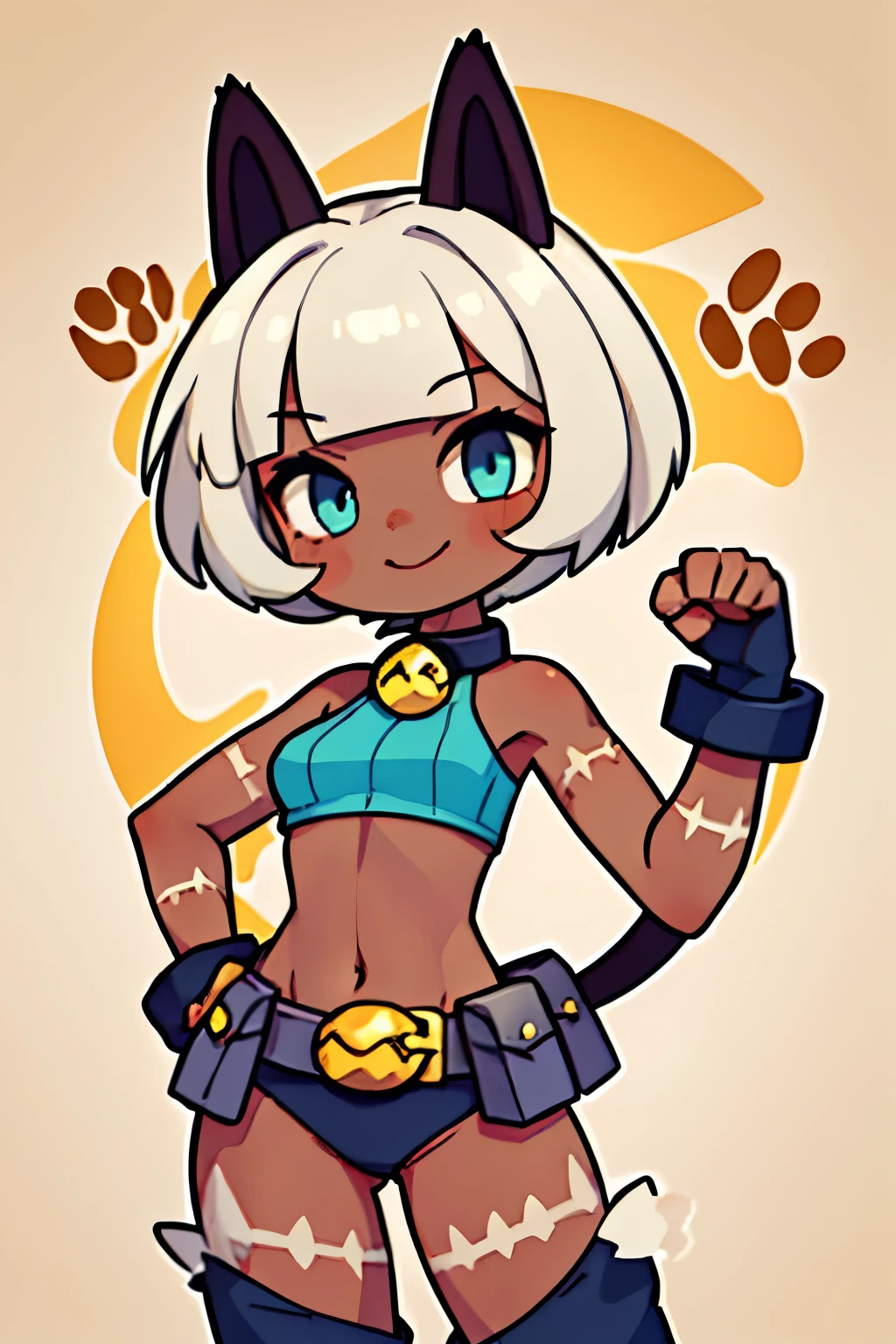 (masterpiece, best quality:1.2), solo, 1girl, sgmsfortune, dark skin, dark-skinned female, smile, looking at viewer, paw pose, bob cut, crop top, fingerless gloves, collar, bell, belt, pouch, cat tail