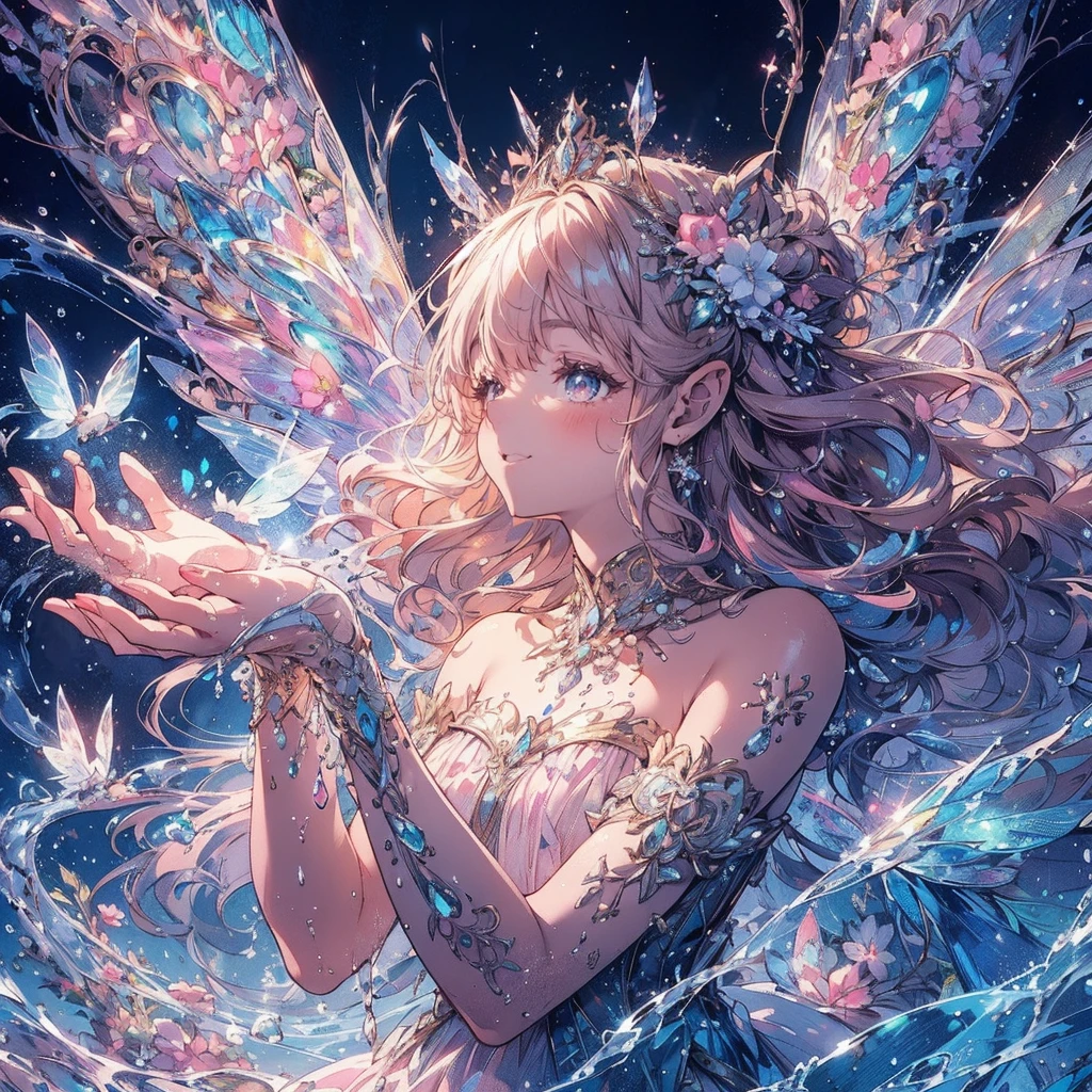 (Exquisite, beautiful, Very detailed, masterpiece, High resolution,high quality,High resolution),(Well-formed face,Soft and thin lines: 1.2, beautiful, Delicate and vivid illustrations with a mature and clear feel) , A beautiful fairy princess with fairy wings is playing happily by the water, getting soaked all over her body, in a clear, beautiful tropical setting.,(Beautiful, clear fairy wings grow from her back.), (A happy and joyful smile), She is wearing a pearl tiara, earrings, and choker, as well as a pastel-colored swimsuit decorated with ribbons and frills., (A fair-skinned, short eyebrowed fairy with pale pink cheeks, a small toothless mouth with plump pink lips, beautiful eyes, and a fairly large, fluffy bust.),Vibrant and eye-catching colors,Fantastic and dreamy,
