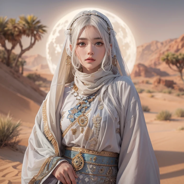 (highest quality、masterpiece、8k、Best image quality、Ultra-high resolution、Award-winning works)、A beautiful white-haired woman watches us from afar in the desert, Where light shines from the moon.、Ancient Islamic clothing、Beautiful face drawn in every detail