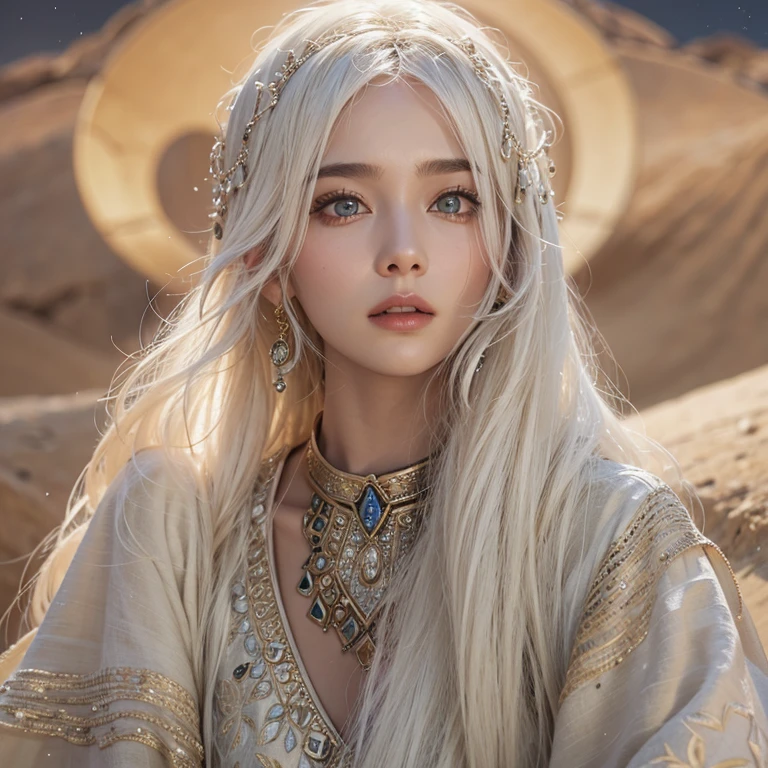 (highest quality、masterpiece、8k、Best image quality、Ultra-high resolution、Award-winning works)、A beautiful white-haired woman watches us from afar in the desert, Where light shines from the moon.、Ancient Islamic clothing、Beautiful face drawn in every detail