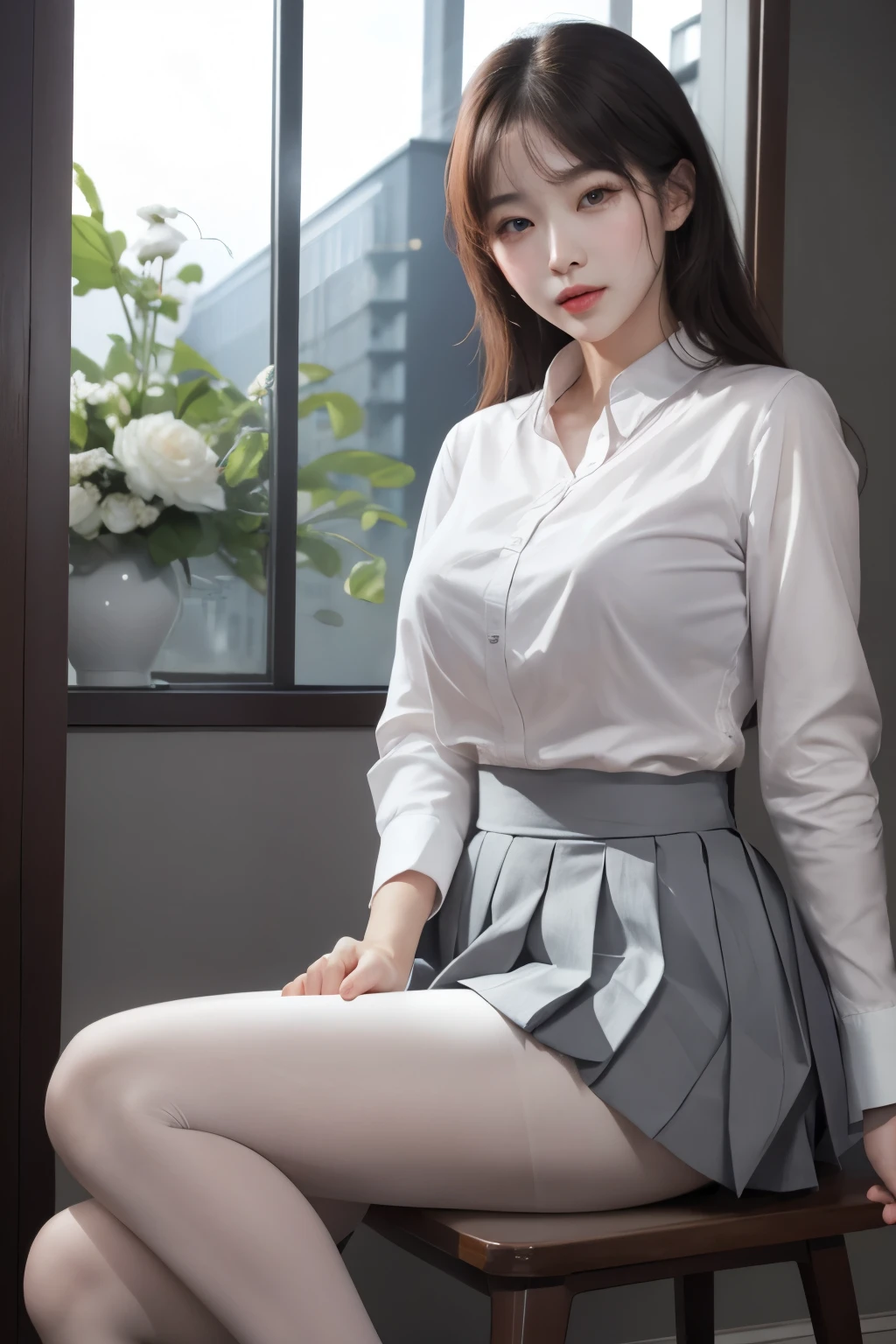 ultra Realistic 8k cg, picture-perfectionな顔, perfection, clean, masterpiece, Professional artwork, Famous works of art, perfectionな顔, Beautiful Face, beautiful eye, ((perfectionな女性の体)), alone,(Immersive atmosphere, Chiaroscuro:1.5,Bright light:1.2,Bright lighting)
,,(blush:0.5),Seductive look,Very detailed_eye,Thick thighs,Large Breasts,
Beautifully detailed backgrounds,Depth of written boundary,Realistic:1.3, Long Shot,One girl,shirt,Pleated skirt, , Sitting, whole body,
(Zhou Haoguang:1.3),(Structure of the film:1.3),(Neon Light:0.1),(High resolution:0.1),Accent lighting, White Pantyhose,