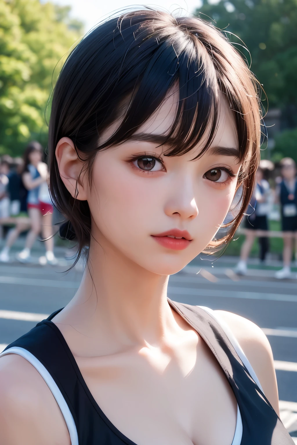 (1 nogizaka girl,raw photo,photo realistic:1.5),(best quality, high quality,HDR, highest quality,ultra high resolution,high resolution,high res,ultra high difinition,huge file size,8K,2K wallpaper,8K wallpaper,high quality texture,amazing,an extremely delicate:1.4),one girl, Japanese famous idol,beautiful face,small face,absurd,ridiculous,incredibly ridiculous,portrait,breasts close up,blurry background,(track and field uniform,cleavage,no makeup:1.2),medium skin,beautiful skin,detailed skin,small head,black hair,silky hair,(Japanese eyes:1.3),detailed eyes,black eyes,Japanese idol eyes,perfectly propotioned face,Japanese nose,5-fingers,(Light Particles, Lens Flare, Luminous Particles: 0.7),looking at viewer,bright lighting,professional lighting,girl