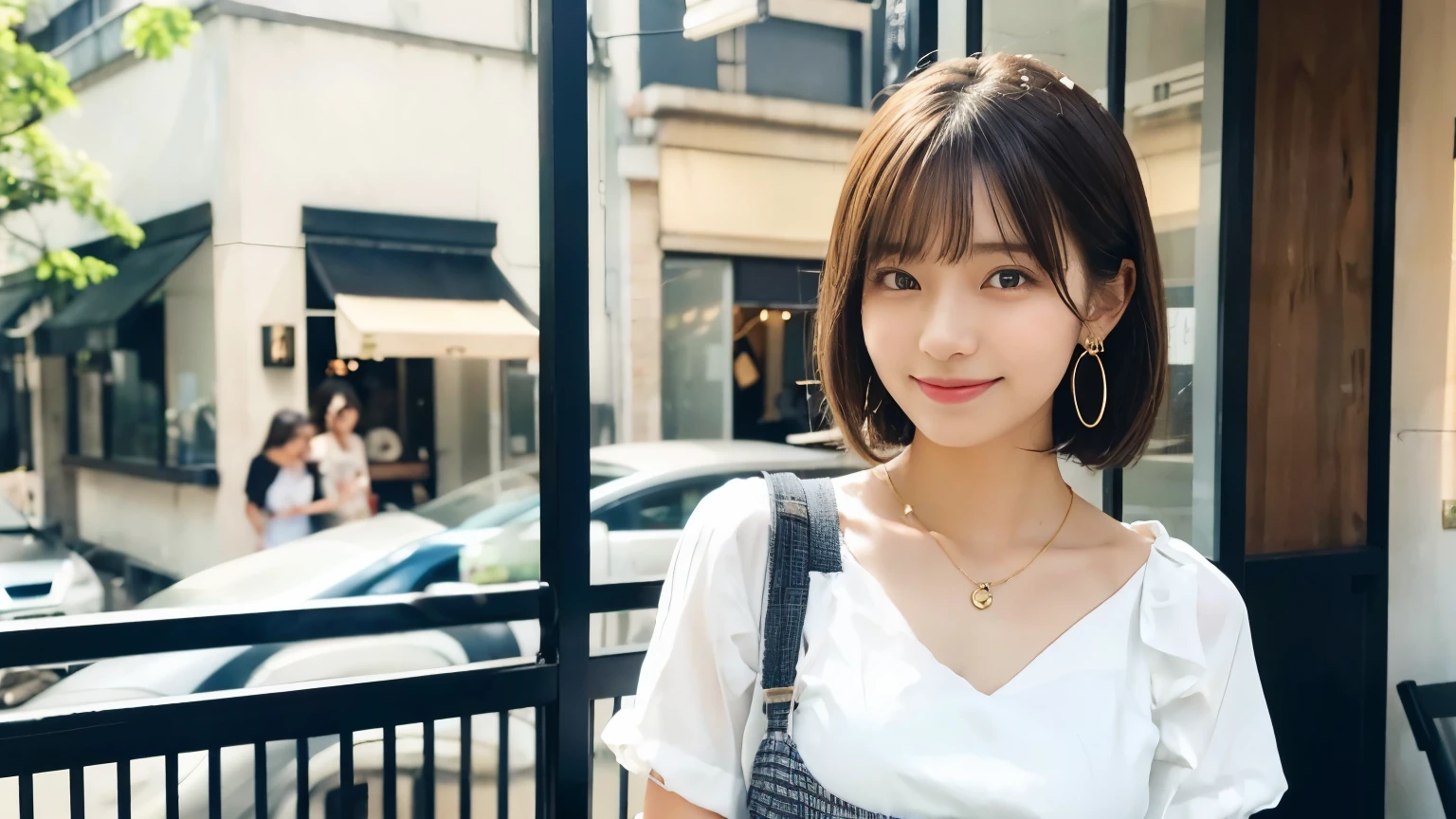 super high quality, Short Hair, Slender, Gravure photoshoot, The staff is working at the counter in the back., (8k、RAW Photos、highest quality、masterpiece:1.2), Japanese Idol, Shaggy, Stylish café, The cafe is crowded with people enjoying themselves., (Realistic、Photorealistic:1.37), Mesh Hair, Urban Cafe, Golden Ratio, Raw photo, Cute face , Light Brown Hair, Earrings, Small breasts, Bright cafe interior, Beauty salon model, Spring Clothes, necklace, White Shirt, Spoiled, Cafe Terrace, Open Cafe, Open Cafeの前に高級車, Smile, Hair blowing in the wind, Neat clothes, 18-year-old, younger sister,