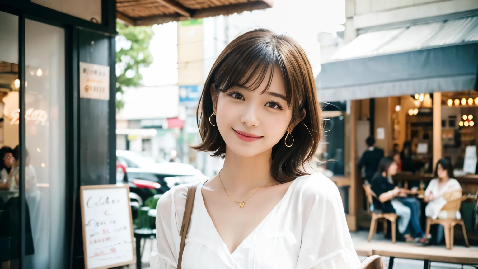 super high quality, Short Hair, Slender, Gravure photoshoot, The staff is working at the counter in the back., (8k、RAW Photos、highest quality、masterpiece:1.2), Japanese Idol, Shaggy, Stylish café, The cafe is crowded with people enjoying themselves., (Realistic、Photorealistic:1.37), Mesh Hair, Urban Cafe, Golden Ratio, Raw photo, Cute face , Light Brown Hair, Earrings, Small breasts, Bright cafe interior, Beauty salon model, Spring Clothes, necklace, White Shirt, Spoiled, Cafe Terrace, Open Cafe, Open Cafeの前に高級車, Smile, Hair blowing in the wind, Neat clothes, 18-year-old, younger sister, 
