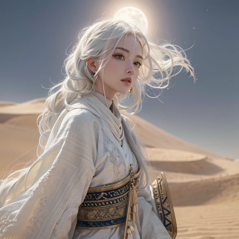 (highest quality、masterpiece、8k、Best image quality、Ultra-high resolution、Award-winning works)、A beautiful white-haired woman watches us from afar in the desert, Where light shines from the moon.、Ancient Islamic clothing、Beautiful face drawn in every detail