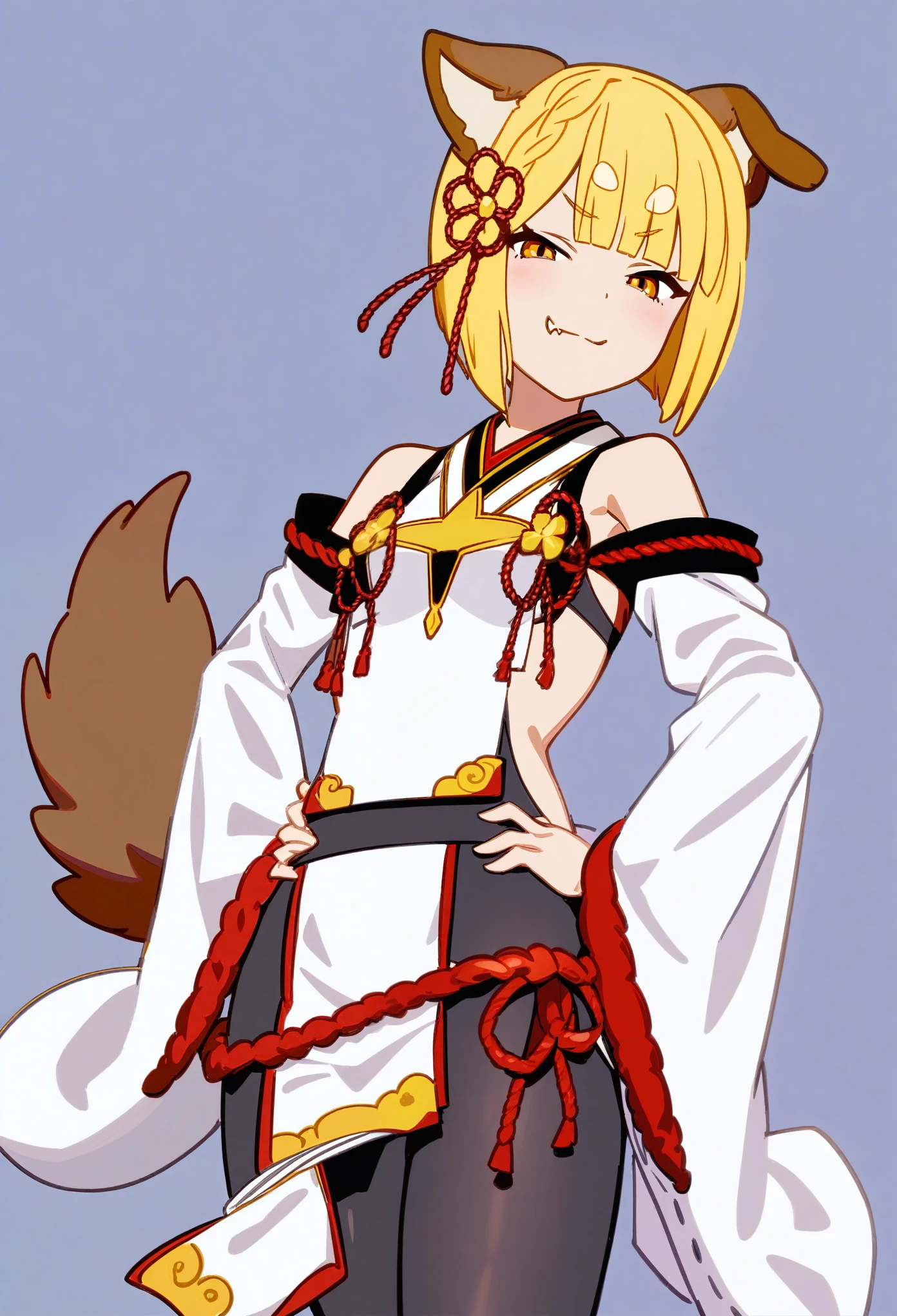 (by mon-chan:1.2), rating_9, rating_8_up, rating_7_up, 1girl, solo, vajradef, dog tail, dog ears, blonde, bob cut, yellow eyes, black pantyhose, hair ornament, japanese clothes, bare shoulders, detached sleeves, wide sleeves, white pelvic curtain, shimenawa, rope, small breasts, standing, hands on hips, smug, blush, fang, looking at viewer, upper body, cowboy shot, white background, simple background, masterpiece, best quality