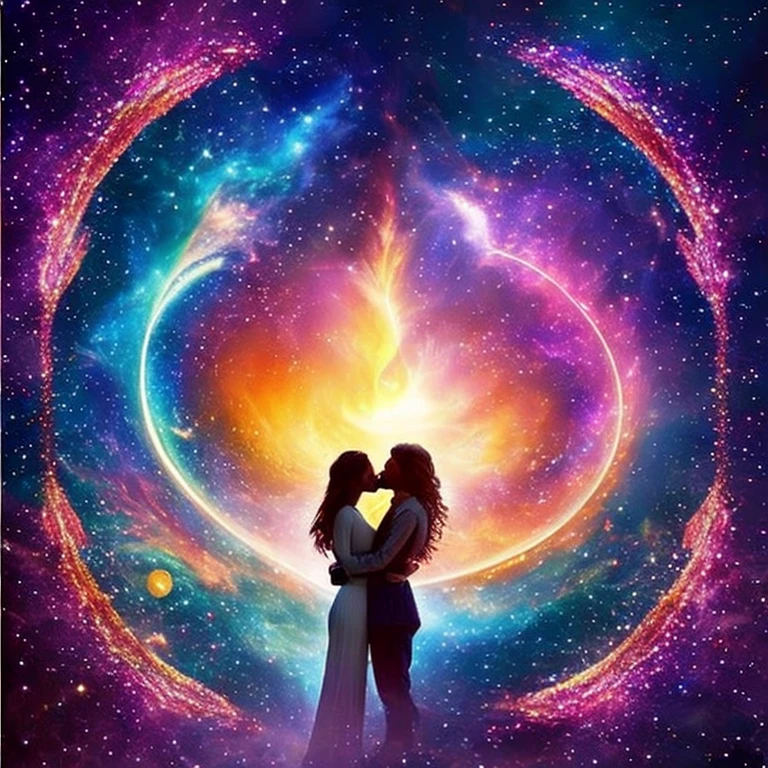 Twin flames {{{man and woman}}} reuniting after having travelled the universe for eons.  Tearful union, overwhelming joy, background love, hearts