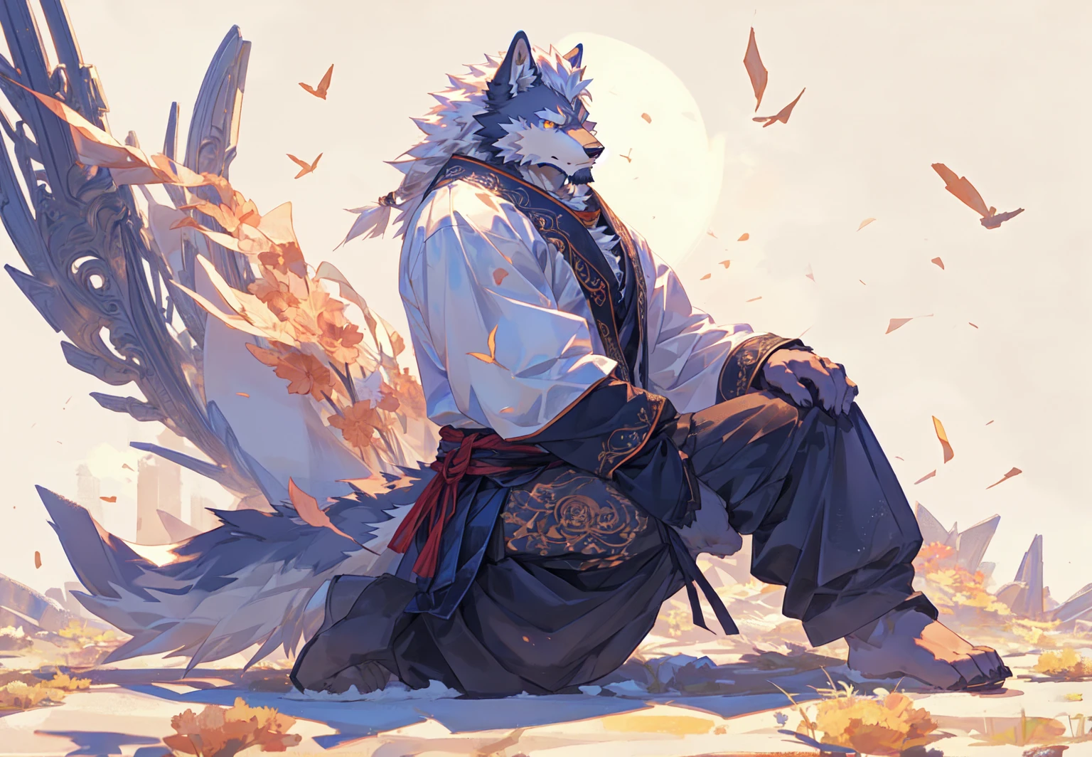 Anime style，, PIXIV, hairy藝術, very very beautiful hairy藝術杰作，best quality，2K resolution，Very detailed，hairy，Wolf，Calm，Strong，male，Detailed facial depiction，Highest quality scene，whole body，male，White hair，Dynamic，stratagem，Golden Eyes，Solitary