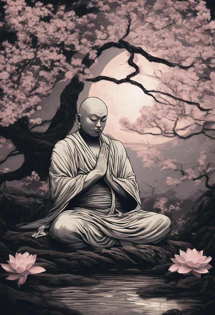 A slightly overweight fighting monk meditating, Cherry blossom garden at night, Full moon and lotus,The Buddha is watching from behind