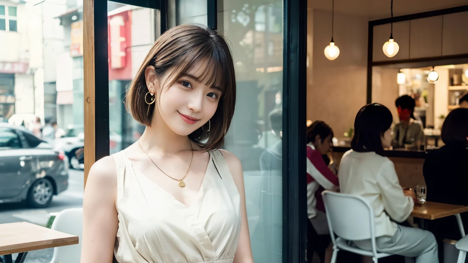 super high quality, Short Hair, Slender, Gravure photoshoot, The staff is working at the counter in the back., (8k、RAW Photos、highest quality、masterpiece:1.2), Japanese Idol, Shaggy, Stylish café, The cafe is crowded with people enjoying themselves., (Realistic、Photorealistic:1.37), Mesh Hair, Urban Cafe, Golden Ratio, Raw photo, Cute face , Light Brown Hair, Earrings, Small breasts, Bright cafe interior, Beauty salon model, Spring Clothes, necklace, White Shirt, Spoiled, Cafe Terrace, Open Cafe, Open Cafeの前に高級車, Smile, Hair blowing in the wind, Neat clothes, 18-year-old, younger sister,