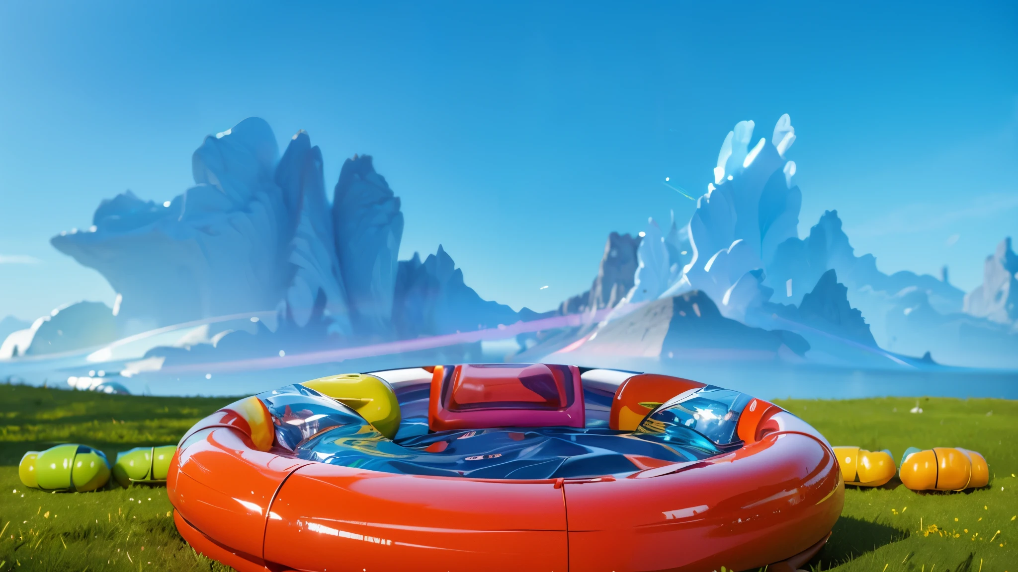 cloud sky 3d glossy water An inflatable swimming pool on a lawn, surrounded by green and orange boots. The image depicts two large orange glossy feet with five toes each, standing on a blue surface. The feet have a unique design, with the big toe pointing inwards. The skin on the feet has wrinkles and looks rough. The image depicts two large orange feet with five toes each, standing on a blue surface. The feet have a unique design, with the big toe pointing inwards. The skin on the feet has wrinkles and looks rough. cartoon key frame rendering, cute 3D rendering, Shiny metallic,Create ultra sharp  цветной рендеринг zbrush. perfect cgi, cgi art created only with gradients, smooth silhouette, Create ultra sharp skin, high intensity refraction, (plastic material), most beautiful vfx, blue background, plastic refractions, glossy texture, smooth 3d model, multiple light sources, rim light, sharp post effects render, (glossy plastic texture with multiple big light probe refractions), perfect cgi, cgi art created only with gradients, smooth silhouette, high intensity refraction, (plastic material), most beautiful vfx, blue background, plastic refractions Create ultra sharp