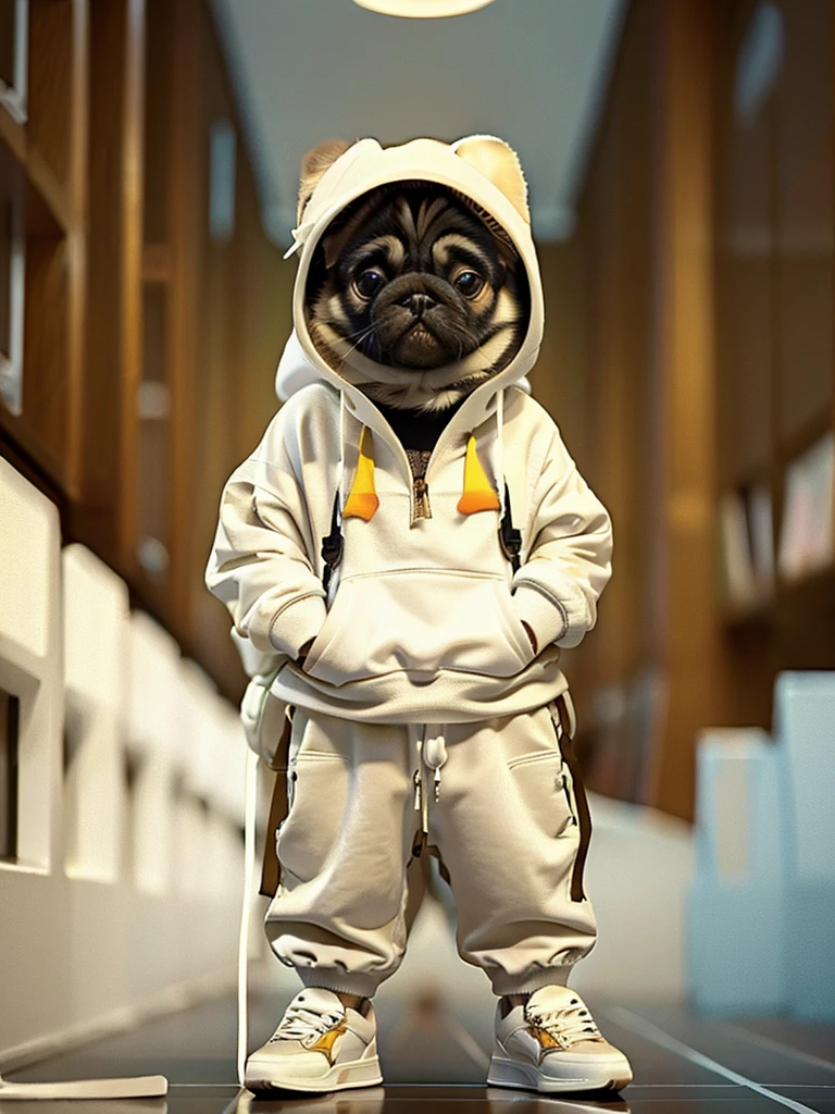 masterpiece, highest quality, Cute Pug Dog:Fawn color, Wearing casual hooded clothing, White sneakers, Cool expression, Cute digital illustration art,office Street