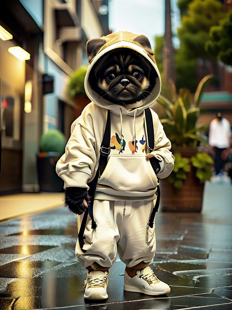 masterpiece, highest quality, Cute Pug Dog:Fawn color, Wearing casual hooded clothing, White sneakers, Cool expression, Cute digital illustration art,office Street