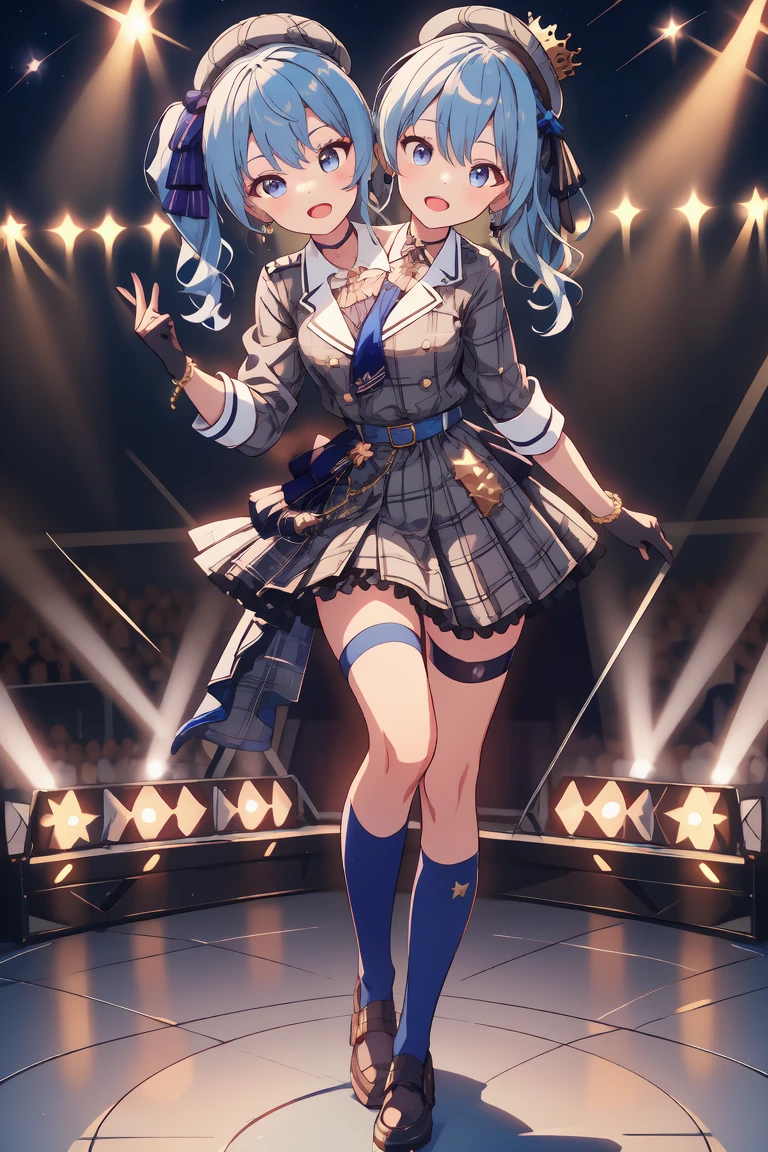 (masterpiece, best quality), best resolution, 16k, (2heads:1.5), full-body, 1girl, solo, HoshimachiSuisei, side ponytail, blue hair ribbon, SuiseiBase, plaid beret, crown, blue star choker, star earrings, blue ascot, plaid jacket, plaid skirt, layered skirt, partially fingerless gloves, star bracelet, uneven legwear, thigh strap, (standing, stand straight), look at viewer, (own hands together, both hands above chest), perfect hands, ((cheek-to-cheek)), singing, open mouth, stable, concert stage, starfield, spotlight