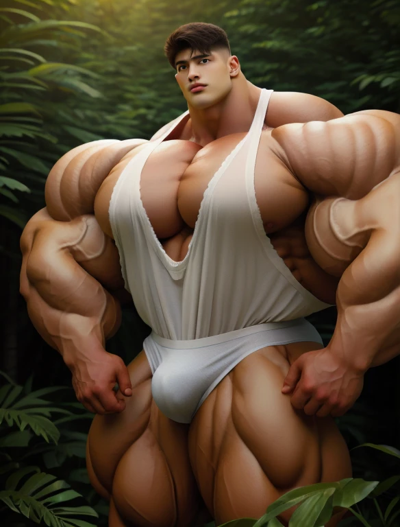 1boy, giant, model shoot style, looking at camera, standing, cool ambiance, outdoor, strong body, bulk, large size, standing, summer season, in the forest, white triangular underwear, prominent bulge, big, brutalmass, giant, muscular body, bulk, massive body, bod, large meaty body size