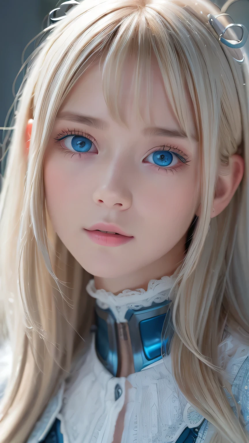 highest quality、8k Masterpiece、Ultra-high resolution、(Realistic:1.3)、RAW Photos、14 year old Scandinavian girl with shiny blonde hair、Silvery blonde hair、Super long straight hair、Bangs between the eyes、Bangs that cover the eyes、片Bangs that cover the eyes、Bangs between the eyes、White and glowing skin、1. Cyberpunk Super Beautiful Soldier、((Ultra-Realistic Details))、Portraiture、Global Illumination、Shadow Realm、Octane Rendering、8k、Ultra Sharp、Metal、Cool colors、、Very intricate detail、Realistic Light、Trends of the CG Association、so beautiful, Big bright blue eyes、Very big eyes、Eyes shining at the camera、Neon Details、Small Face Beauty、Round face、Cheek highlight