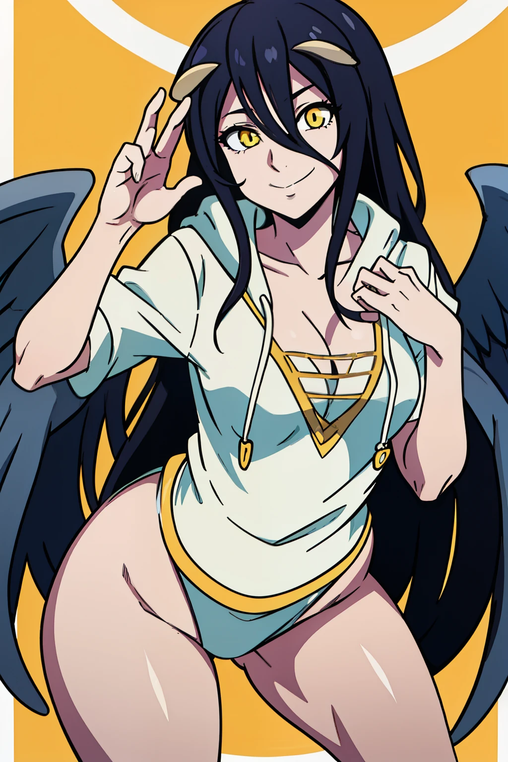 albedo, albedowings, medium breasts, long black hair, yellow eyes, long white hoodie, cleavage, looking at viewer, evil smile, random pose, snake eyes, thick thighs, small breast