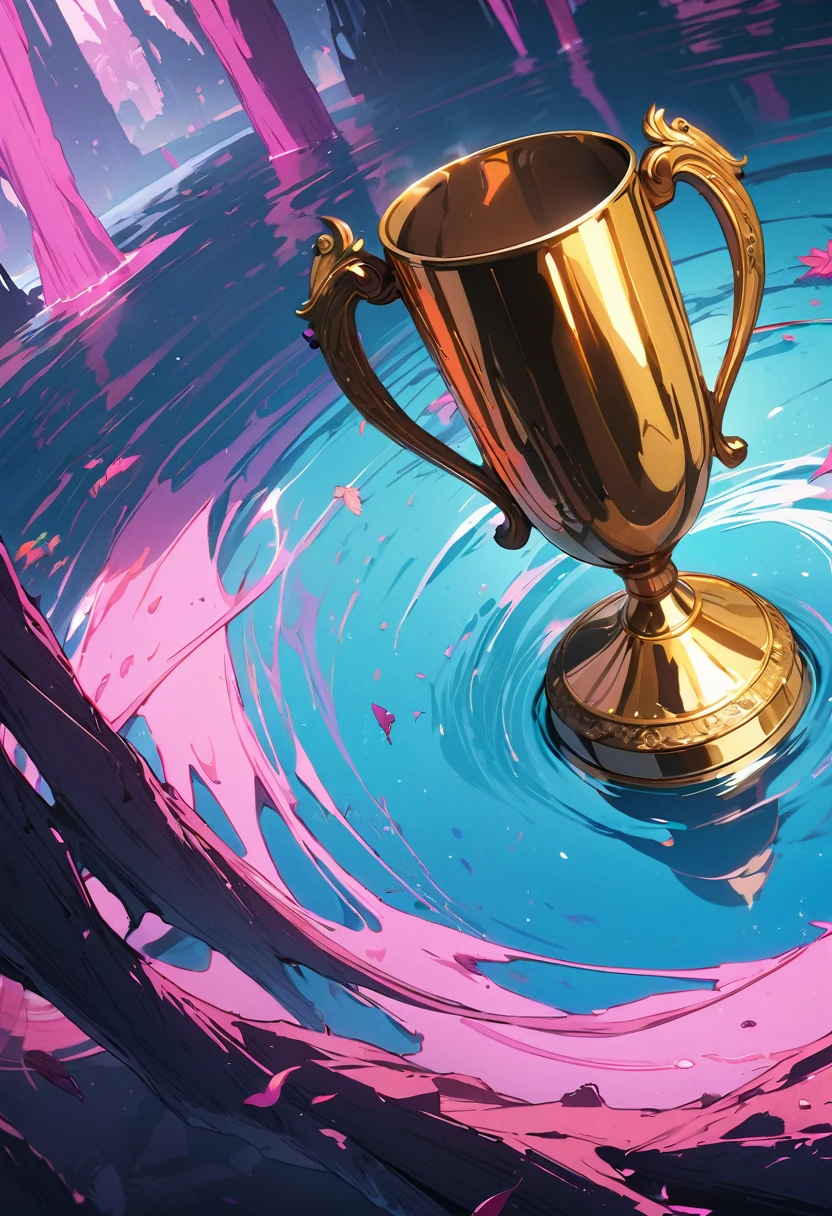 (Absurd:1.5), (Masterpiece:1.3), Top Quality, Absolute Resolution, Unity 8K Wallpaper, (Illustration: 0.8),A gold trophy is floating on the pond, 