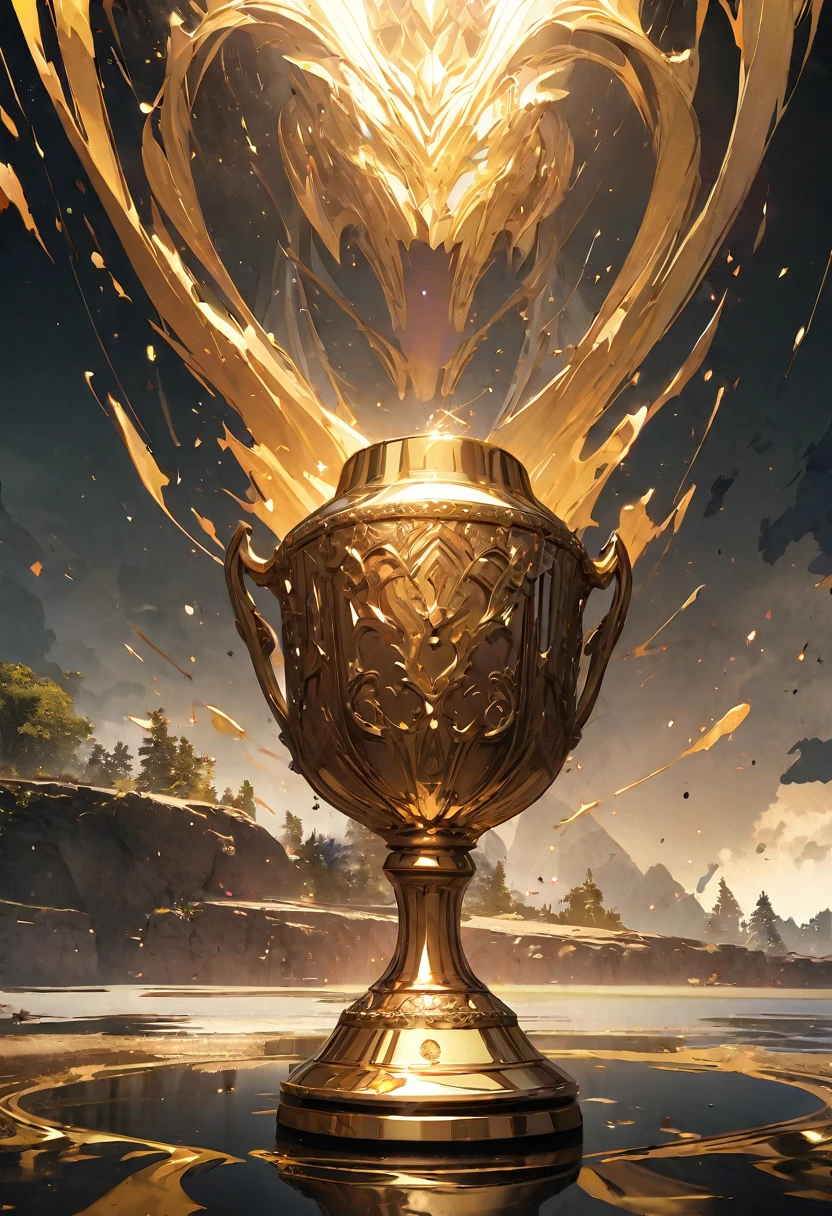 (Absurd:1.5), (Masterpiece:1.3), Top Quality, Absolute Resolution, Unity 8K Wallpaper, (Illustration: 0.8),A gold trophy is floating on the pond,